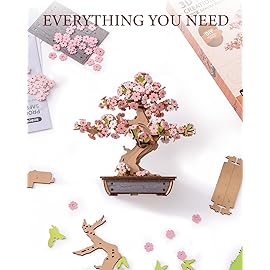 ROBOTIME Sakura Bonsai 3D Puzzles Wooden Artificial Cherry Blossom Tree DIY Model Building Kit for Home Decoration and Office Art Creative Gifts