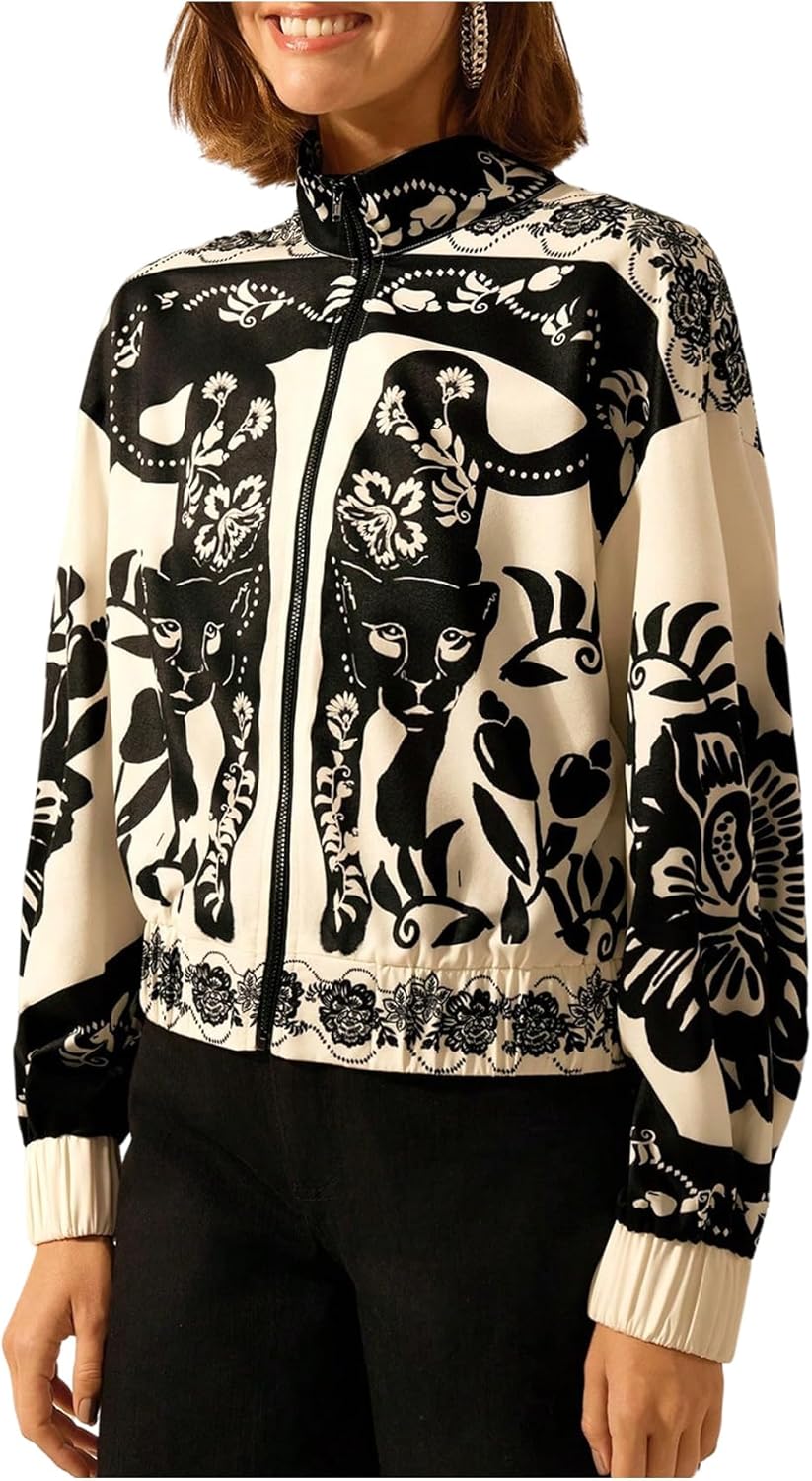 Milumia Women's Zipper Jackets Floral Print Long Sleeve Casual Lightweight Fall Bomber Jacket Cardigan Boho Outfits