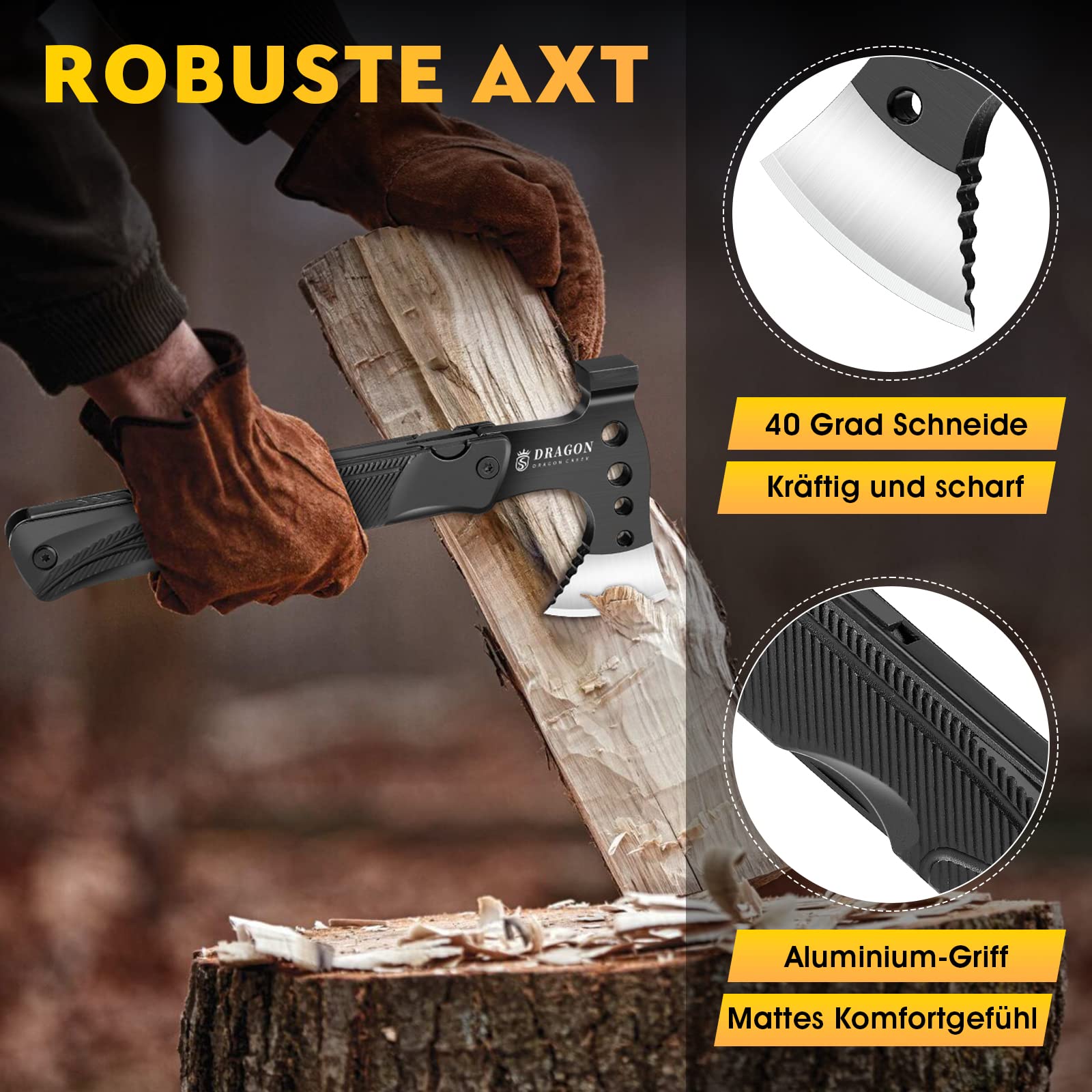 DRAGON CREEK Camping Axt Beil, Outdoor Survival Multitool klein Axt, Aluminium Griff 15 in 1 Multifunktionswerkzeug mit Hammer Säge Messer, mini Werkzeug - Geschenke für Männer