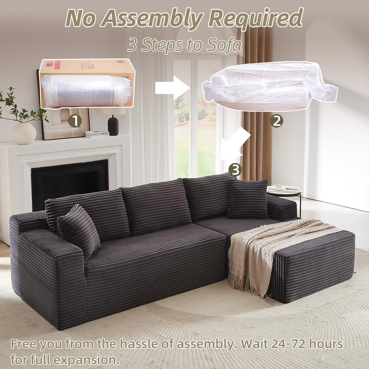 104 Inch Cloud Sectional Couch with L-Shape Chaise,Modern Upholstered Couches with Deep Seat,Corduroy Sponge Compressed Sofa for Living Room, Bedroom,No Assembly Required (Dark Grey)