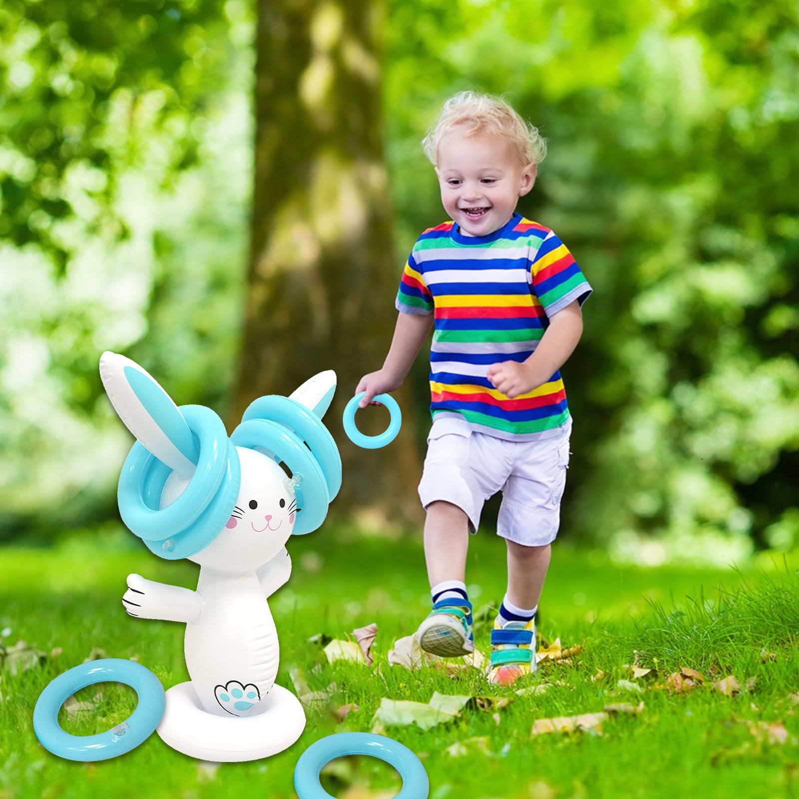 Lapin Gonflable Oreilles de Lapin,Gonflable Chapeau de Fête Pâques,Anneau Jeu de Lancer Jouet,Ring Toss Game Lancer avec 6 Pcs Anneaux Toss pour Famille Enfants Cadeaux Aniversaire Piscine Plage Party