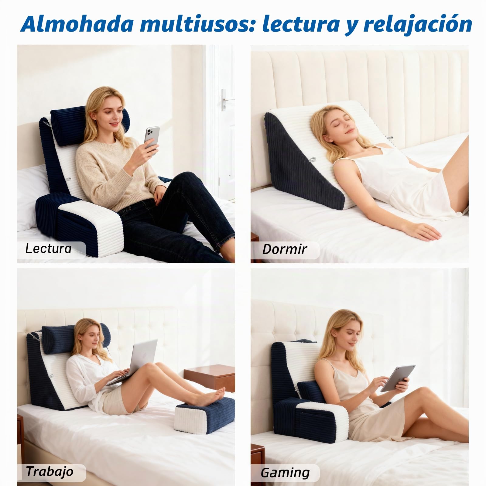 Almohada de Lectura, Cojín Lectura Cama para Sentarse, Cojín para Cama con Respaldo y Reposabrazos Ajustables, Almohada Sofá, Adecuado para Leer/Jugar/Relajarse, Azul & Blanco
