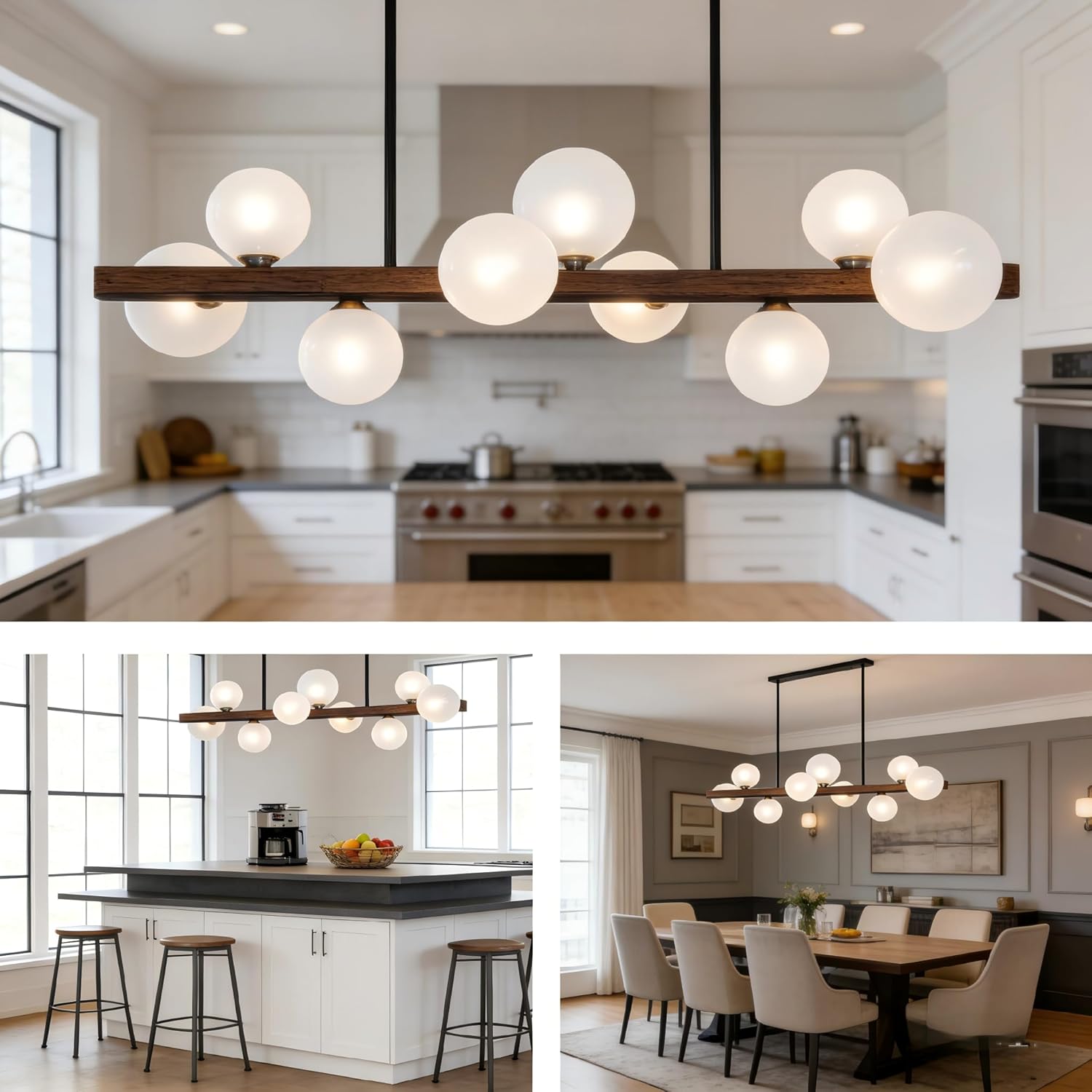 Modern Chandeliers for Dinning Room - Black 9 Light Wood Grain Mid Century Modern Chandelier, Sputnik Farmhouse Ceiling Light Over Table, Adjustable Linear Bubble Kitchen Pendant Light