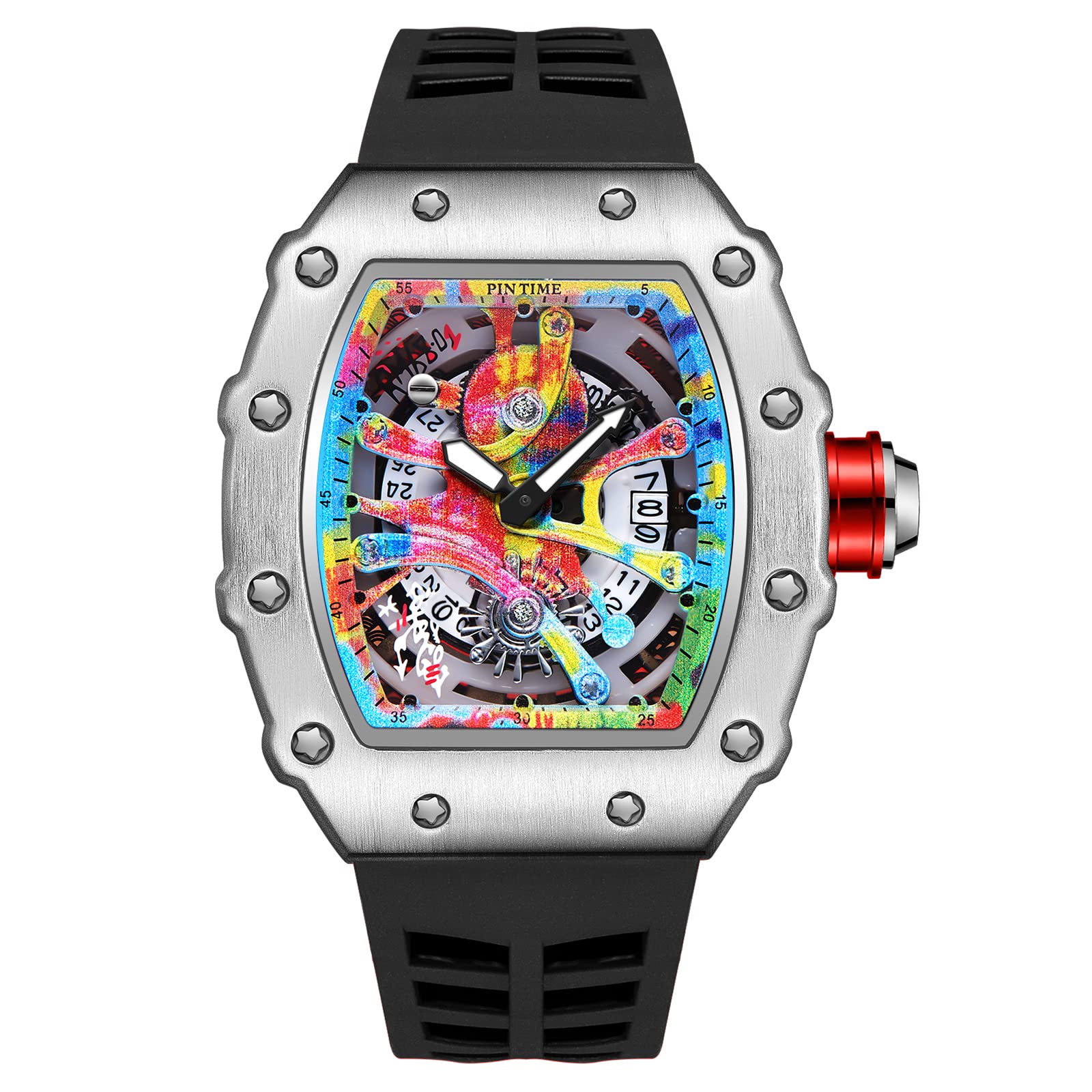 PINTIME Mens Luxury Tonneau Fashion Hallow Punk Graffiti Art Dial Hip-hop Unique Sports Wrist Watch Japanese Movement Luminous Design with Silicone Band, Black Band&Silver Case, fashion watches (B0B6V1PMLJ) Amazon Price History, Amazon Price Tracker