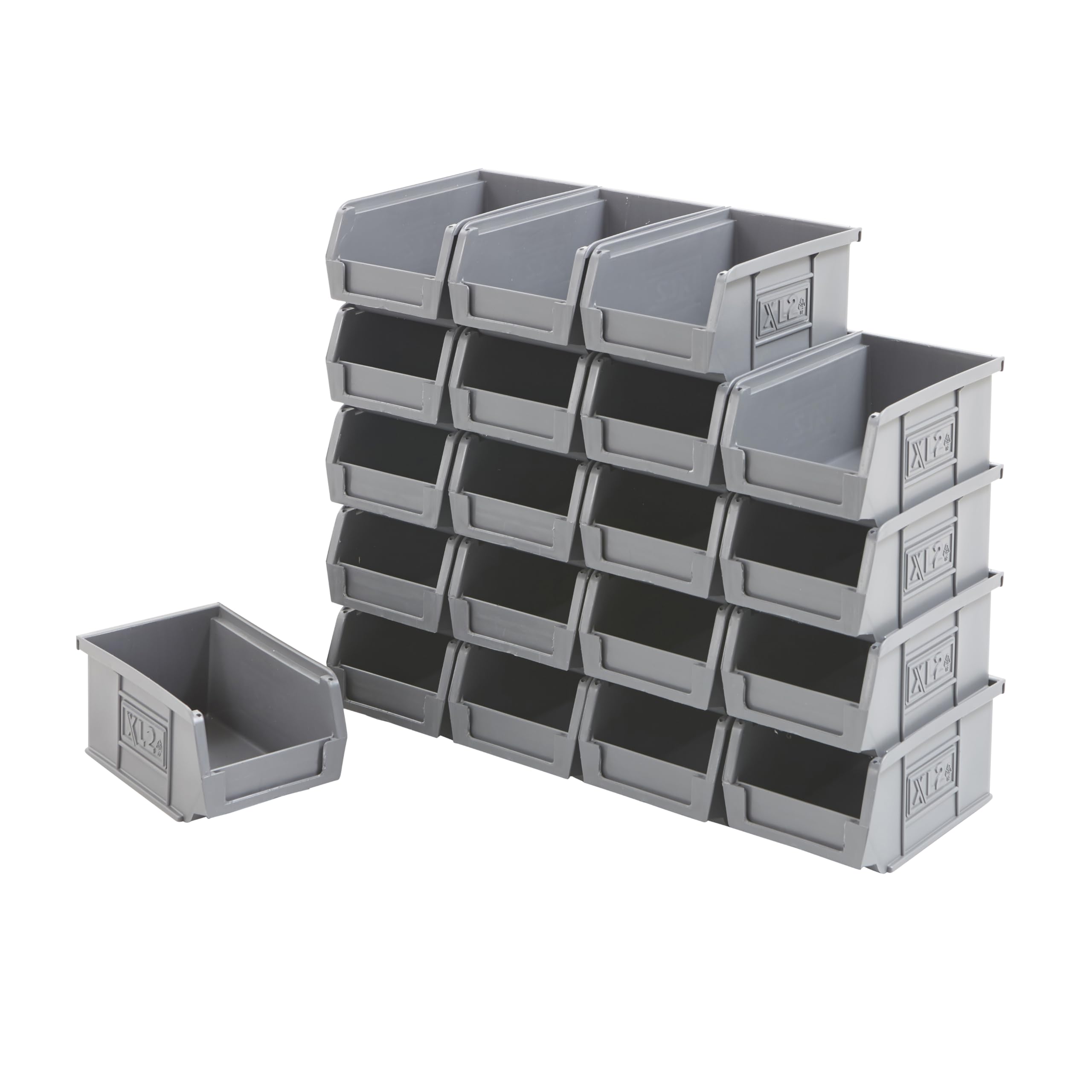 BiGDUG Plastic Parts Bins - Stackable or Wall Mounted Storage Boxes Garage Organiser Louvre Free Standing - Pack of 20 - 75H x 100W x 165D mm - Grey