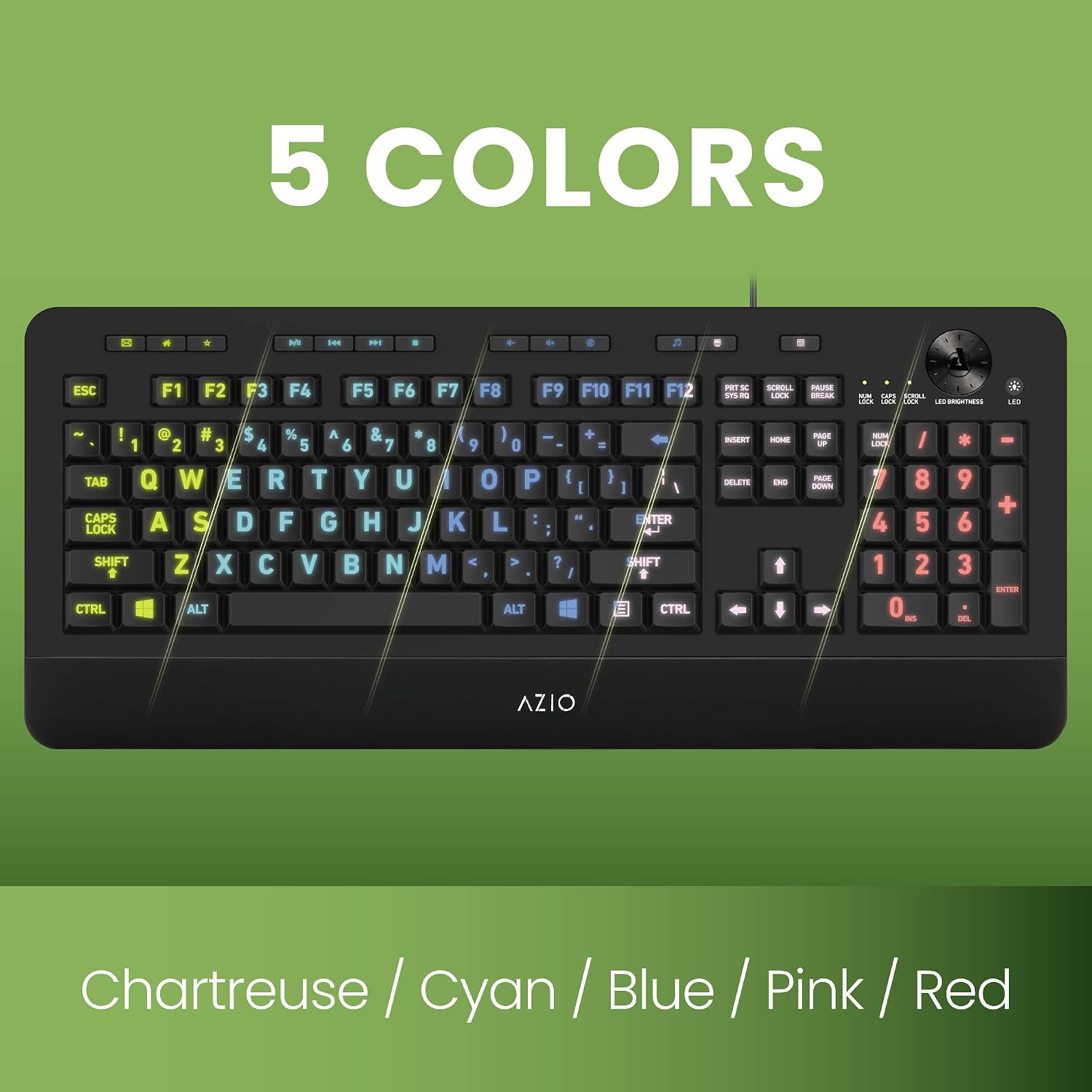 Azio Vision Backlit Computer Keyboard - Wired USB Keyboard with LARGE PRINT keys and 5 Interchangeable Backlight Colors (KB506)