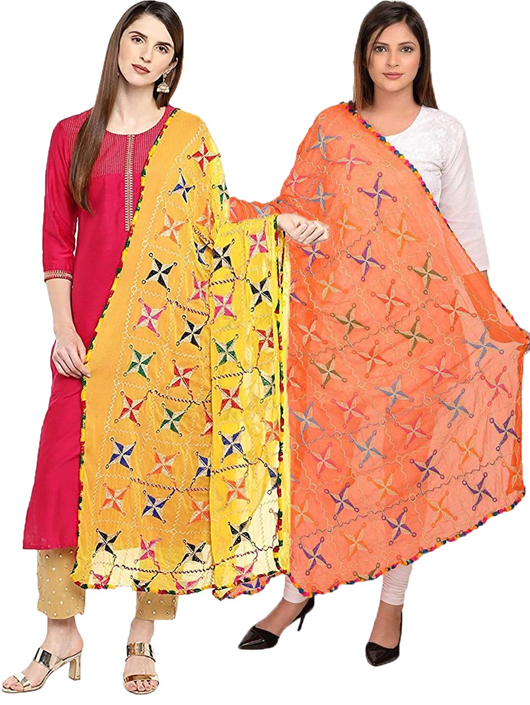 diamo Chiffon Phulkari Embroidered Dupatta For Womens Pack Of 2-picture-19