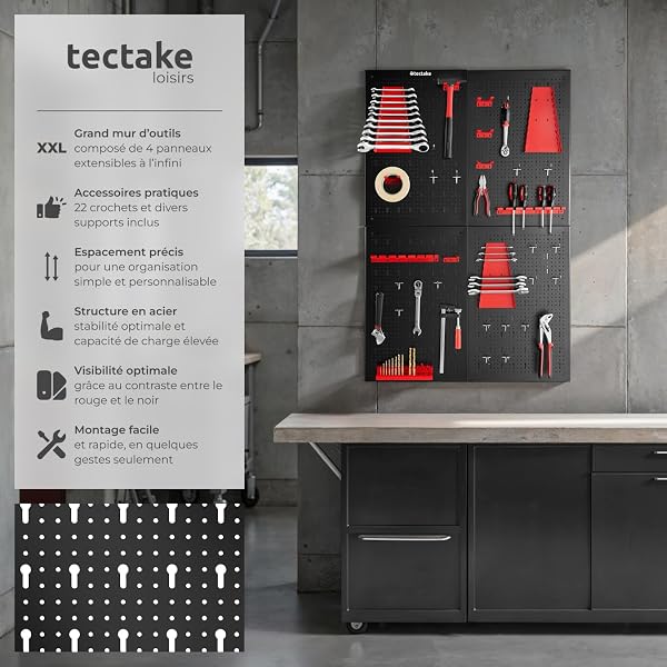 tectake® Panneau Mural Perforé Porte outils mural Lot de 4 Panneaux 160 x 2 x 60 cm 34 pcs Crochet & Supports, Extensible Système de rangement Outillage & visserie - 2