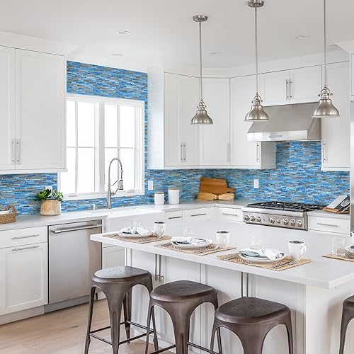 Miniatura 4 de Midcard 5 hojas de vidrio azul con azulejos de mosaico de vidrio plateado para paredes de cocina y baño