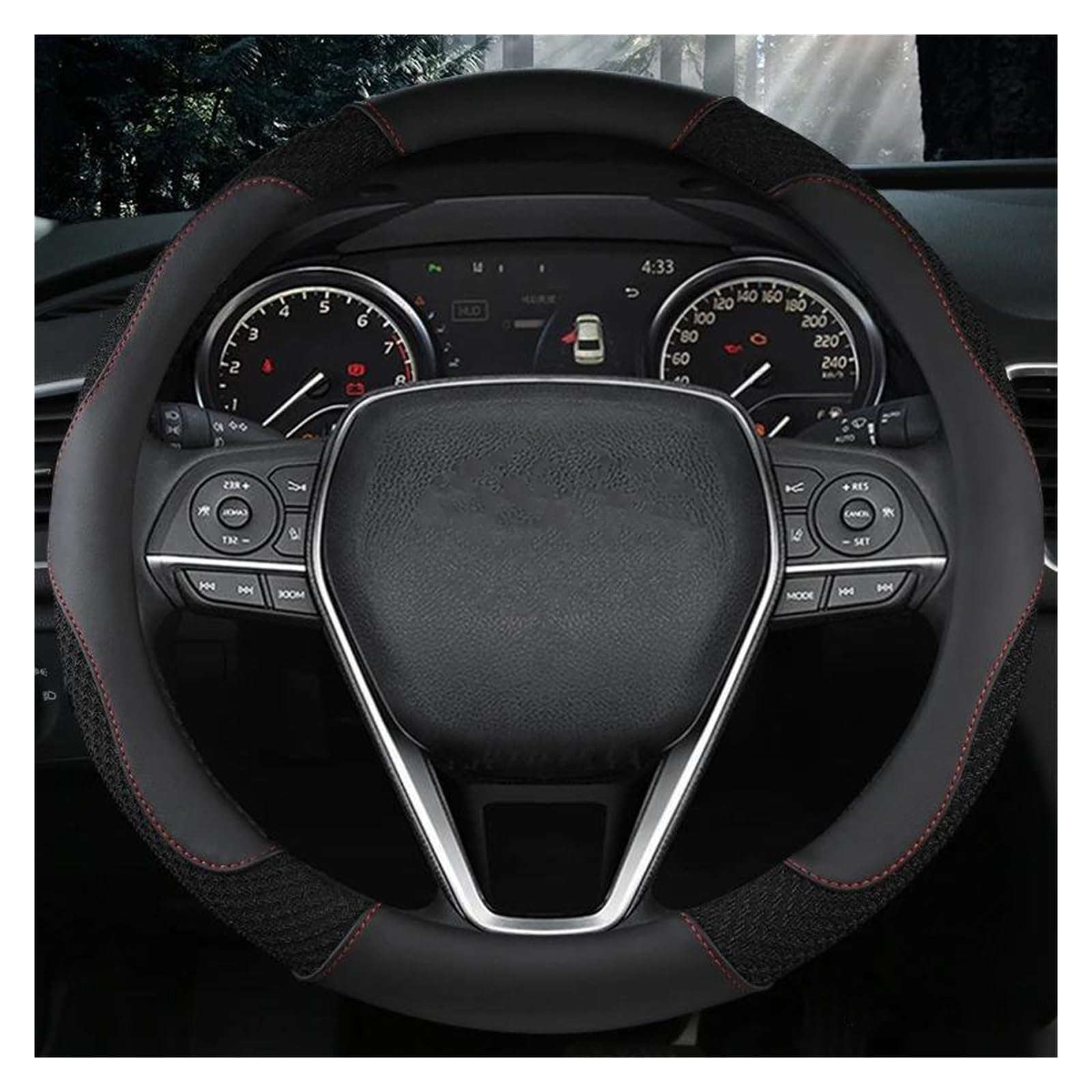 Volantes Funda para Volante Coche Cuero + Seda Helada 15 pulgadas/38 cm para Toyota para Camry para Corolla para Harrier para Fortuner Funda Volante(Negro)
