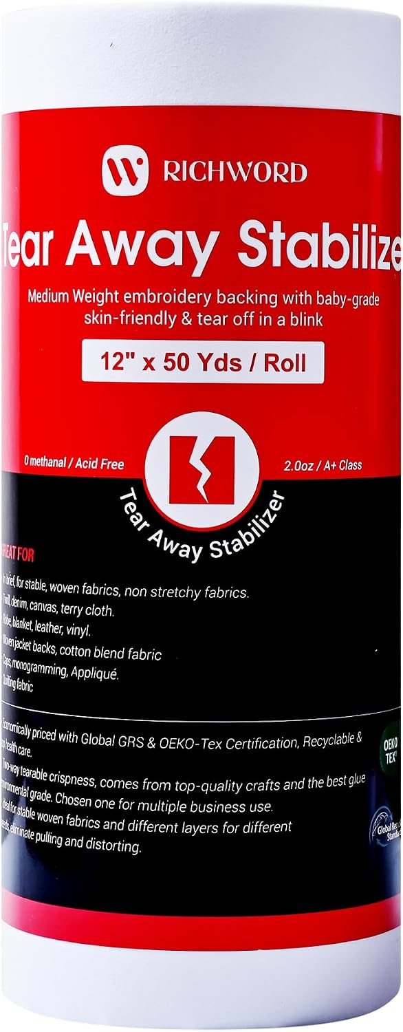 Richword Cut Away Machine Embroidery Stabilizer 12" x 50 Yard roll+Tear Away Embroidery Stabilizer Backing 12" x 50 Yd/roll +Wash Away Water Soluble Embroidery Stabilizer and Topping Film 12"x 25 Yard