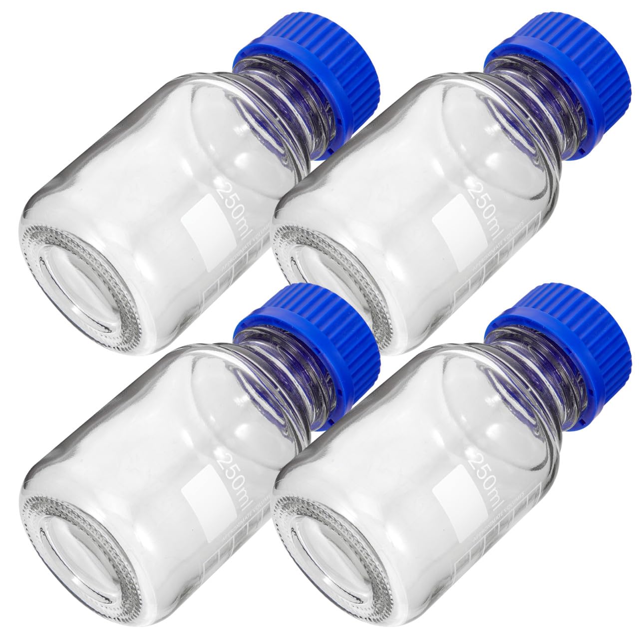 Bottiglie di Reagente in Vetro da 250ml Set da 4 Resistenti a Rotture con Tappo a Vite Blu e Multiuso per Laboratorio Chimico o Fabbrica