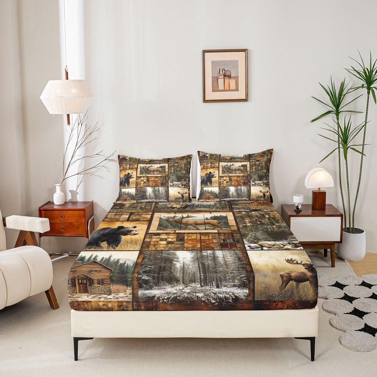 Erosebridal Grizzly Bear Deer Plaid Bed Sheets Full Rustic Farmhouse Cabin Sheet Set, Country Forst Soft Lightweight Bedding Set, Hunting Wildlife Theme Fitted Sheet with Deep Pocket