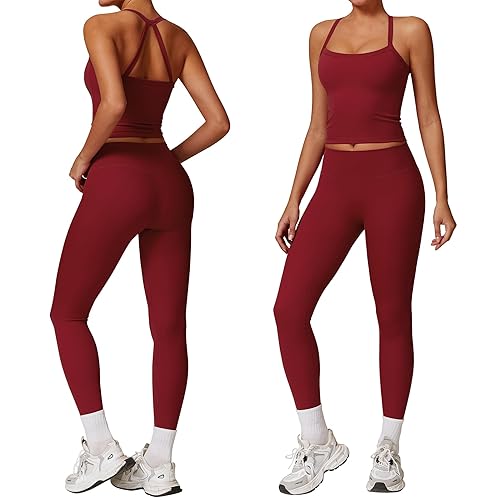 GXGPML Women 2 Piece Workout Sets (2025 NEW) Yoga Outfit Open Back Tank Top High Waisted Leggings Gym Sets Tracksuits - Small - Burgundy