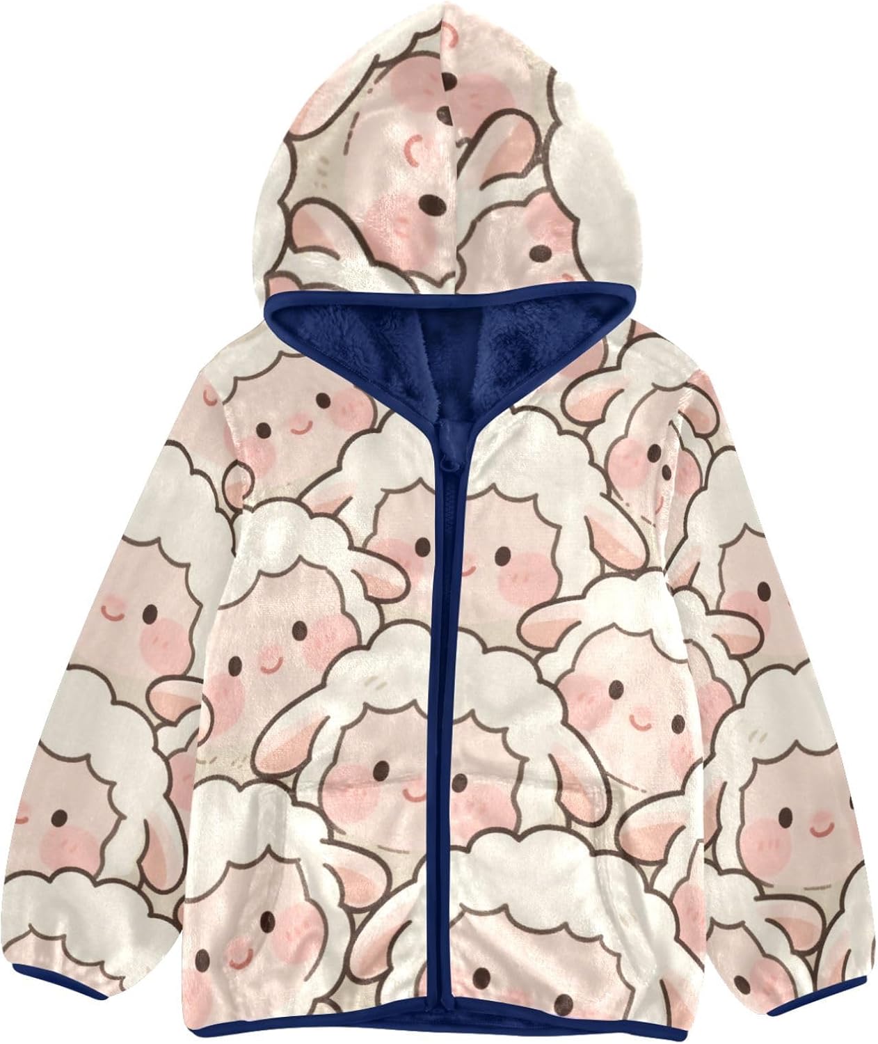 Cute Cartoon Sheep White Boys Zip Sweatshirt Children Winter Coat Navy Blue Baby Boy Girl Clothes