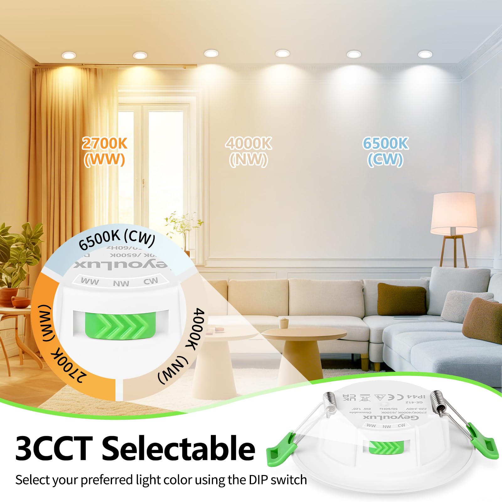 GeyouLux Faretti LED da Incasso per Cartongesso, 8W IP44 Dimmerabile 10-100% Faretti LED Soffitto, 2700K/4000K/6500K Dimensioni del foro 75-90 mm Faretto LED Interno Set di 6 Bianco