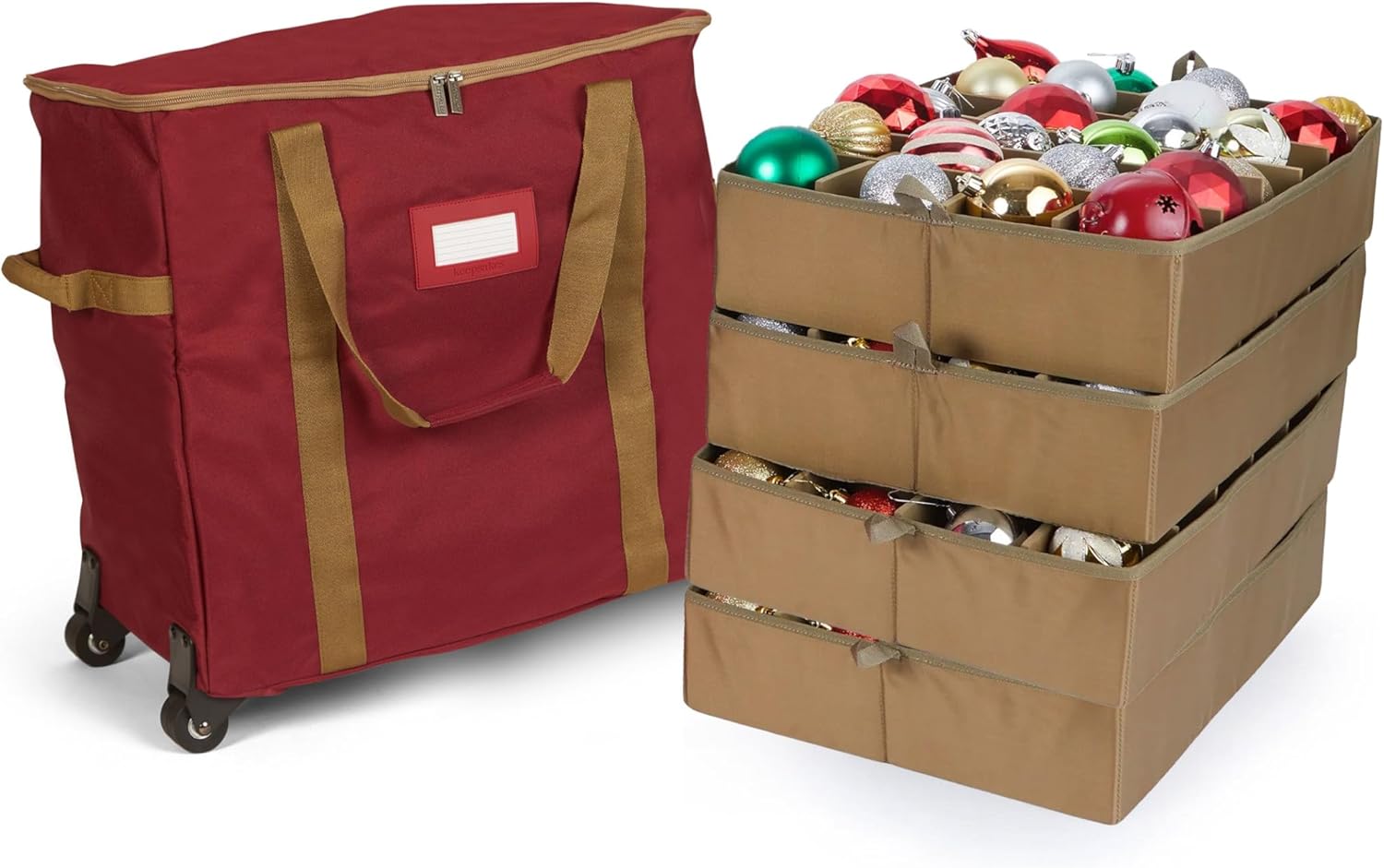 Covermates Keepsakes Rolling Adjustable Ornament Storage Bag – Heavy-Duty Polyester, FlexGrid Trays & Padded Dividers – Protective Holiday Organizer with Wheels, Handles & ID Window, Red