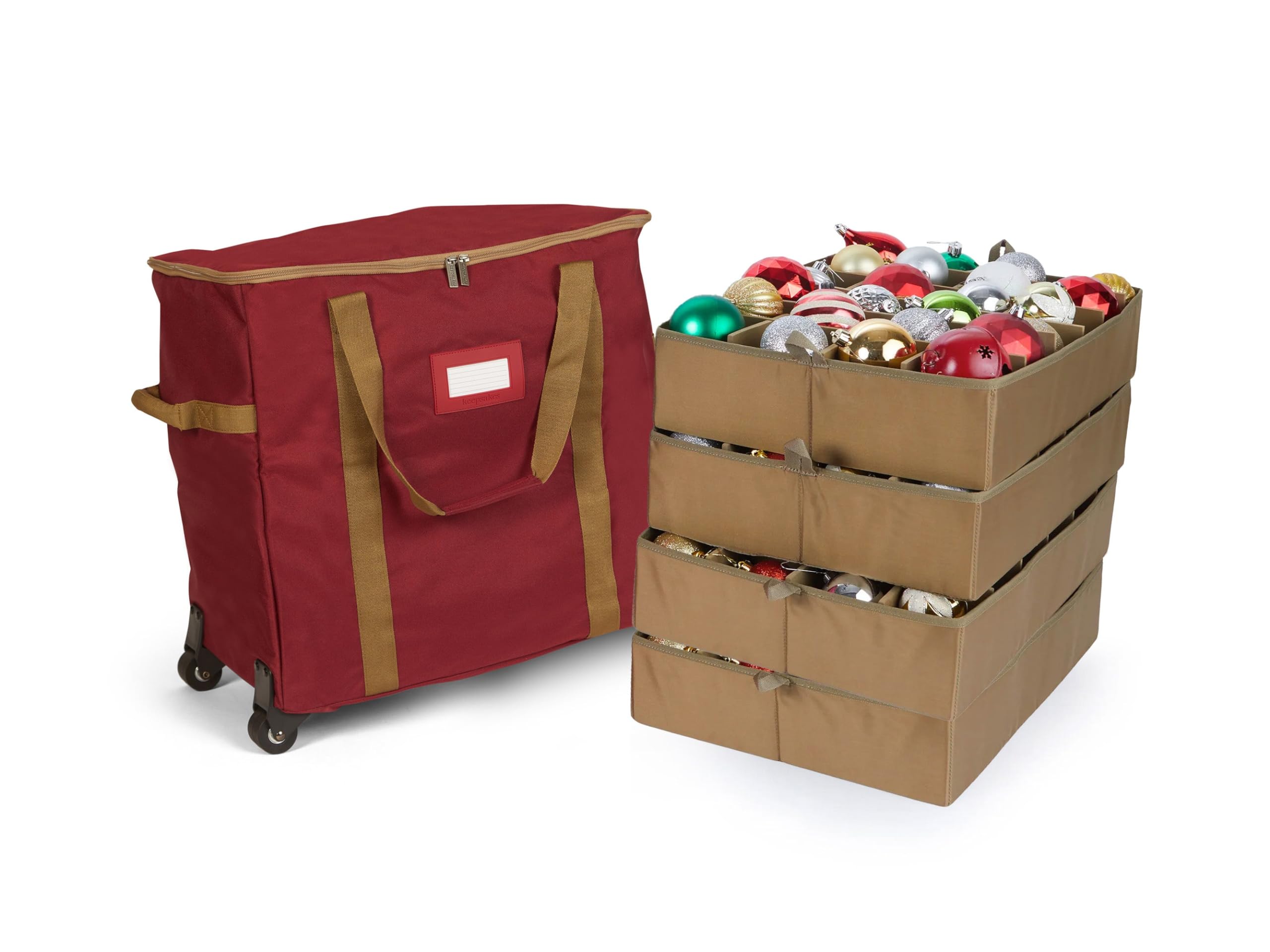 Covermates Keepsakes Rolling Adjustable Ornament Storage Bag - Carrying Handles, Padded Protection, Dual Wheels - Holiday Storage, Red