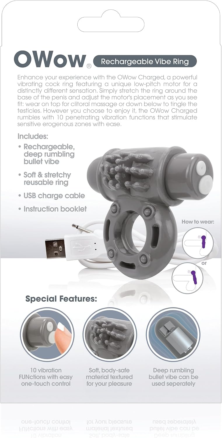 Screaming O Cock Ring for Couples,Vibrating Rechargeable OWow, Grey, 1ct | Stretchy vibrating cock ring for partner play; 10 functions, waterproof, body-safe SEBS, USB-rechargeable