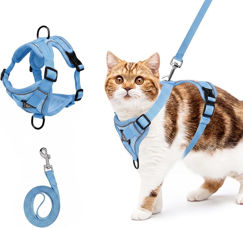 Peitoral para Gatos com Guia de Nylon, Malha Macia Ajustável e Detalhes Refletivos Shudyear (Sky Blue, L)