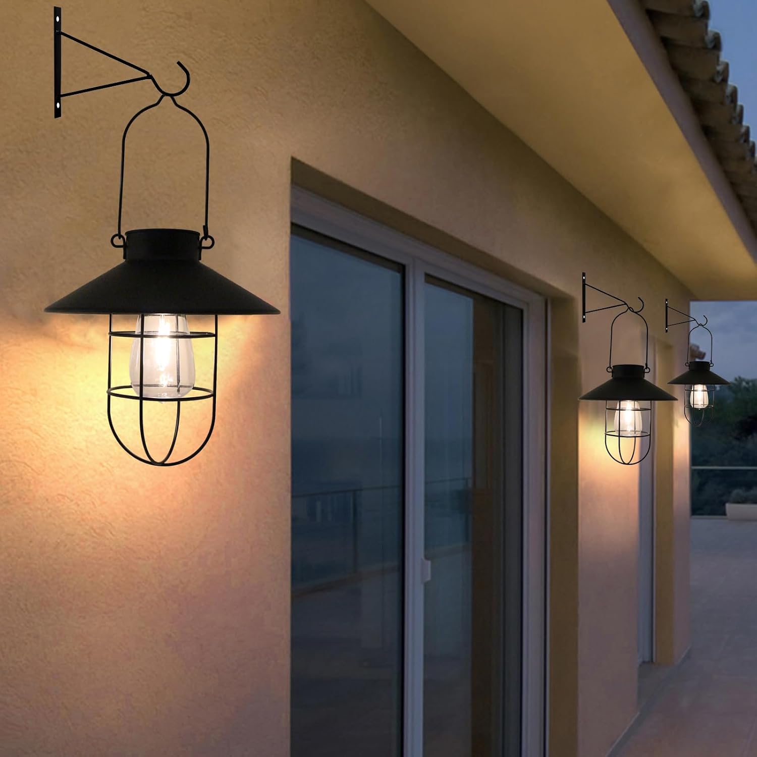 2 Pack Hanging Solar Lantern Outdoor, Small Metal Vintage Lanterns with Hooks Warm White Solar Hanging Lights Waterproof Edison Bulb Design for Garden Yard Patio Porch Tree Decor (Black)