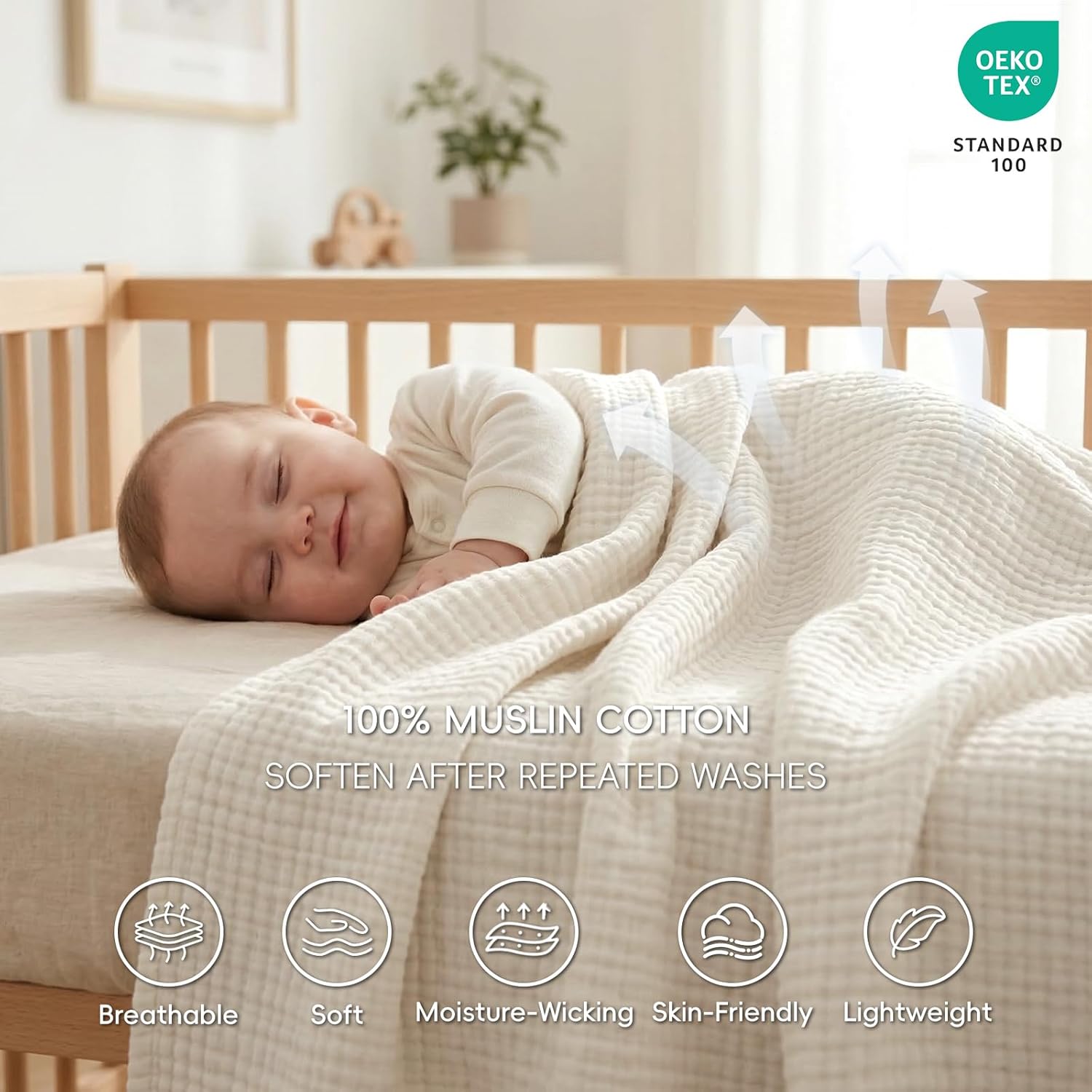 David's Home Pre-Washed 100% Cotton Muslin Throw Blanket, 4-Layer Soft Throw for Bed Couch, Breathable & Lightweight Blankets for Adults Hot Sleepers, Room Decor, Luxury Gift, Oat Milk, 50 * 70"