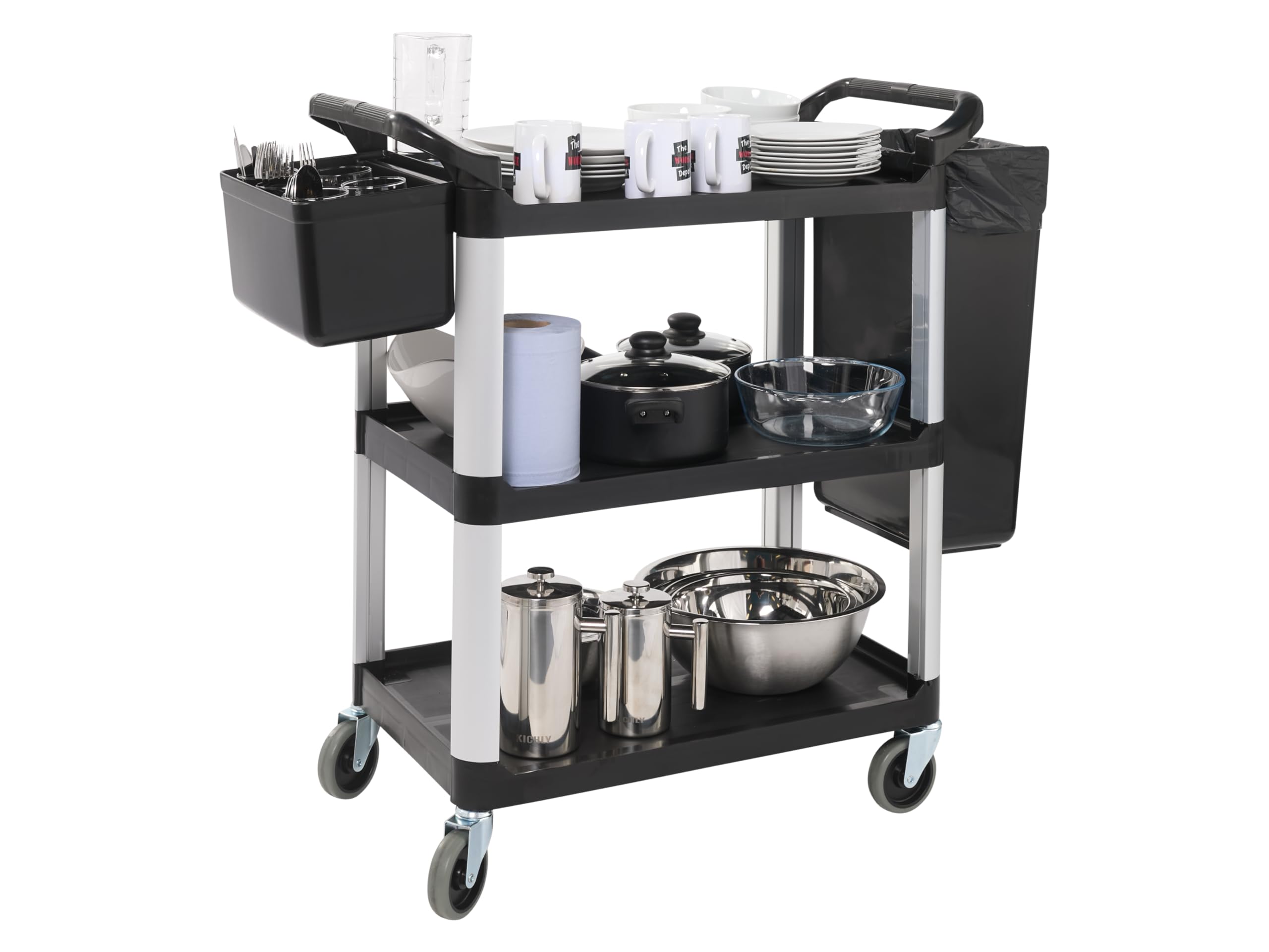The Workplace Depot 3-Tier Catering Trolley with Removable Bins – Non-Marking Castor Wheels, Lightweight & Space-Saving – Perfect for Kitchens, Restaurants, Hospitals(Trolley with Bins)