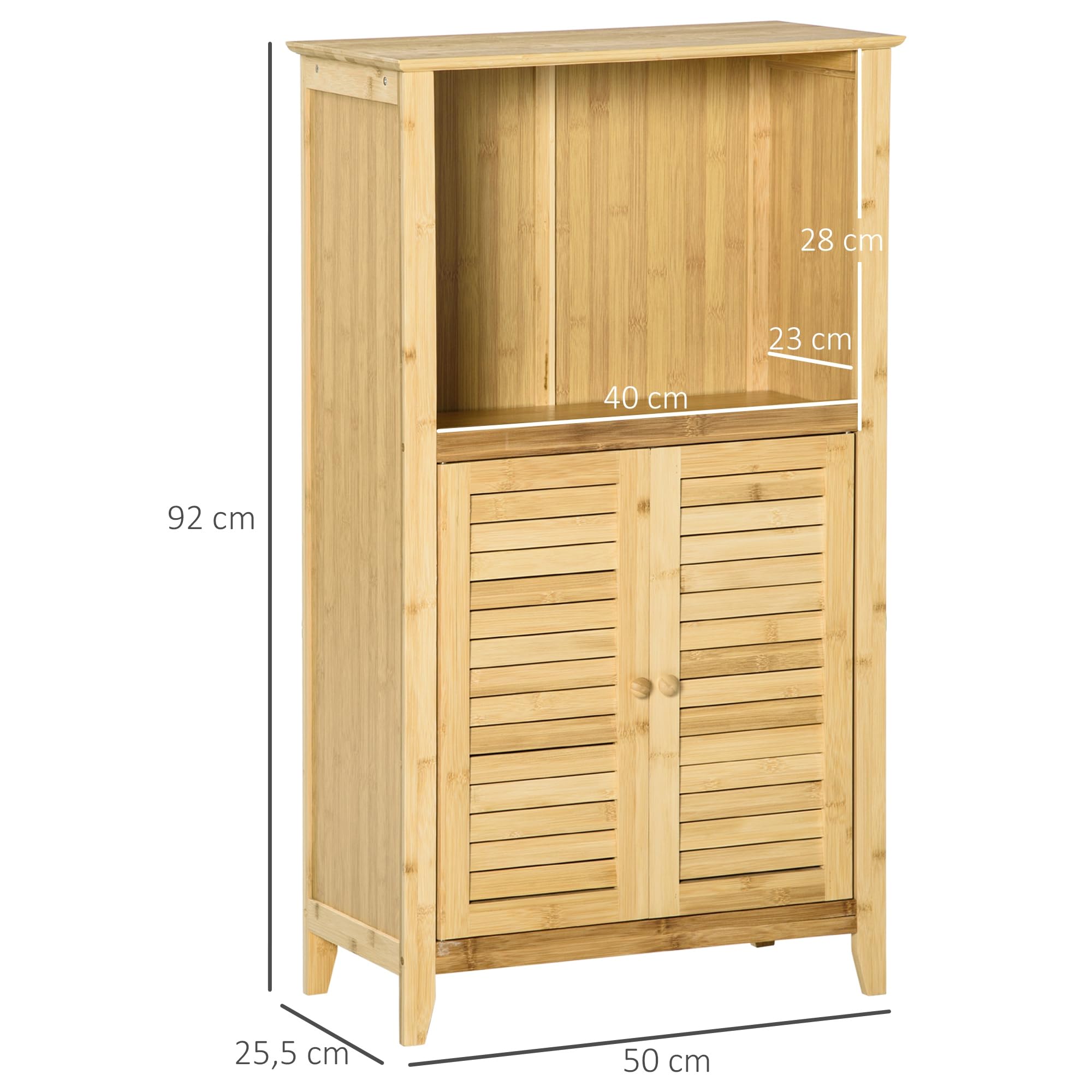 HOMCOM Armario Auxiliar de Baño de Bambú 2 Puertas 50x25,5x92 cm Natural | Armario de Suelo de Baño, Compartimiento Abierto, Estante Ajustable