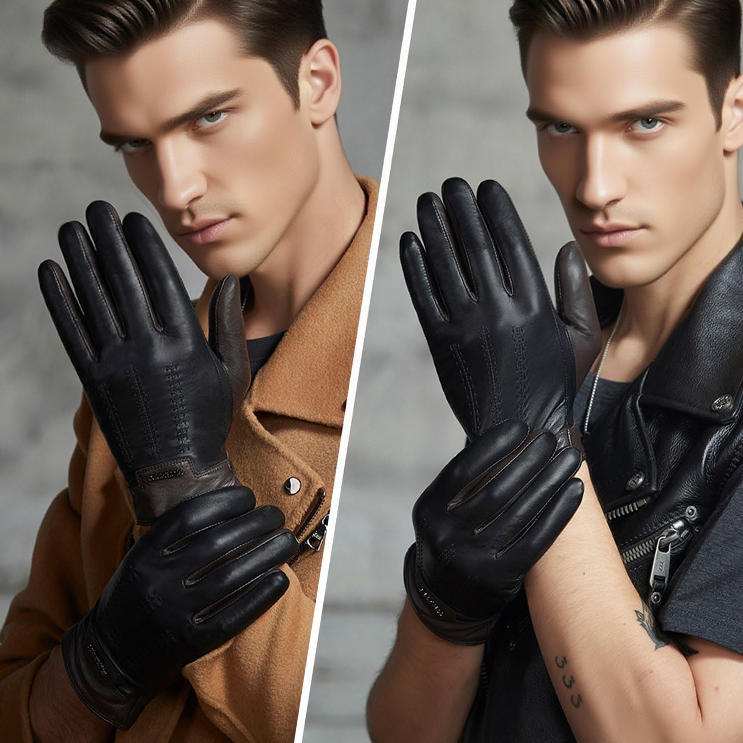 FIORETTO Mens Winter Genuine Leather Gloves Cashmere and Wool Lined Warm Touchscreen Leather Driving Gloves M180807 - Image 2