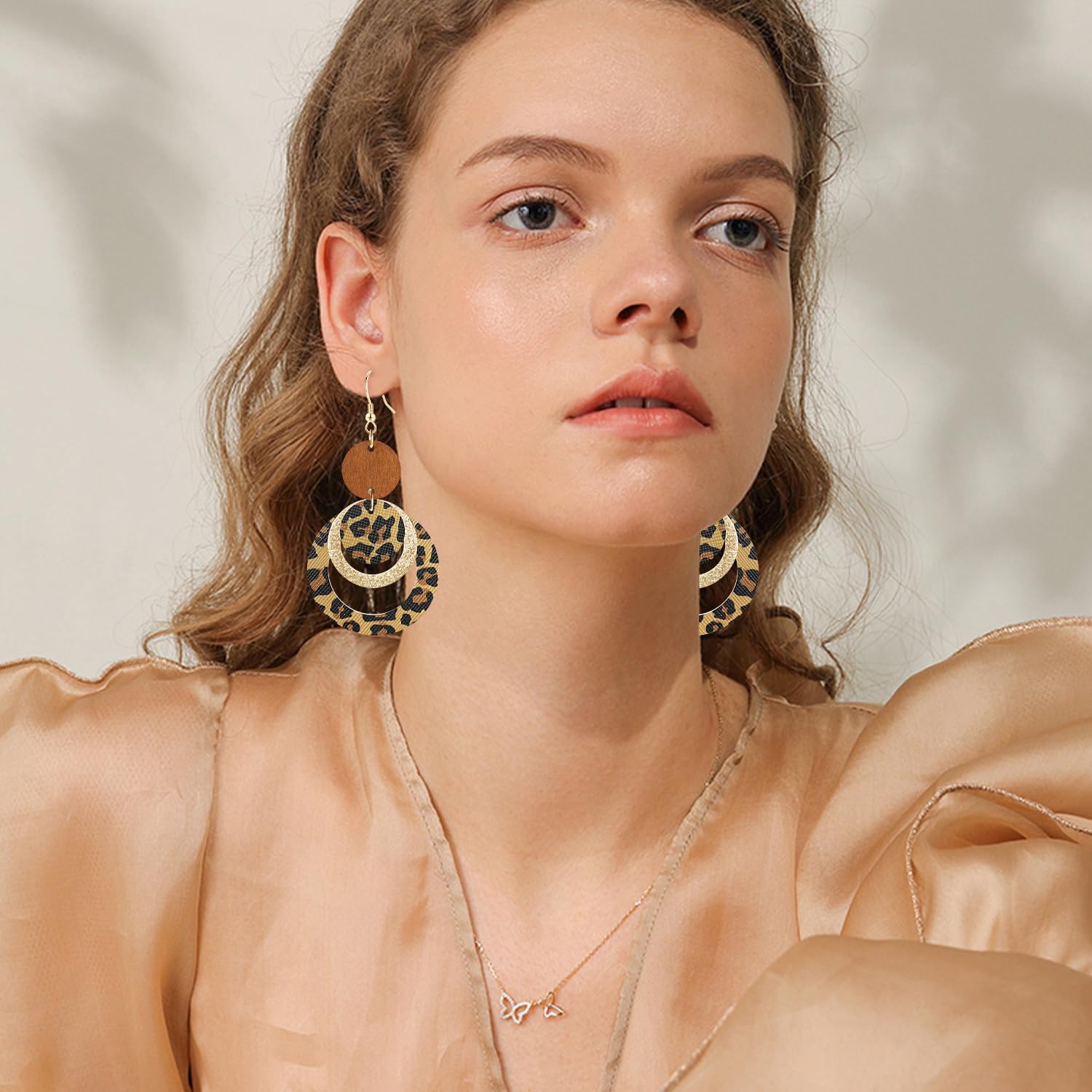 Handmade Bohemian PU Geometry Circle Dangle Drop Earrings Lightweight Nature Wooden Disc Leopard Print Hook Earrings For Women - Image 4