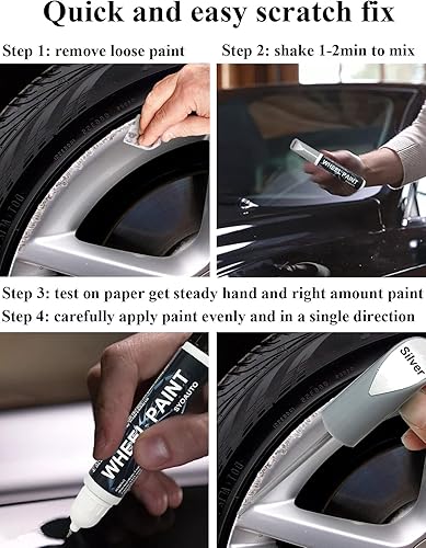 Miniatura 6 de SYOAUTO Pluma de pintura de retoque de borde plateado para reparación de arañazos, pintura de retoque para llantas de automóvil, color universal,