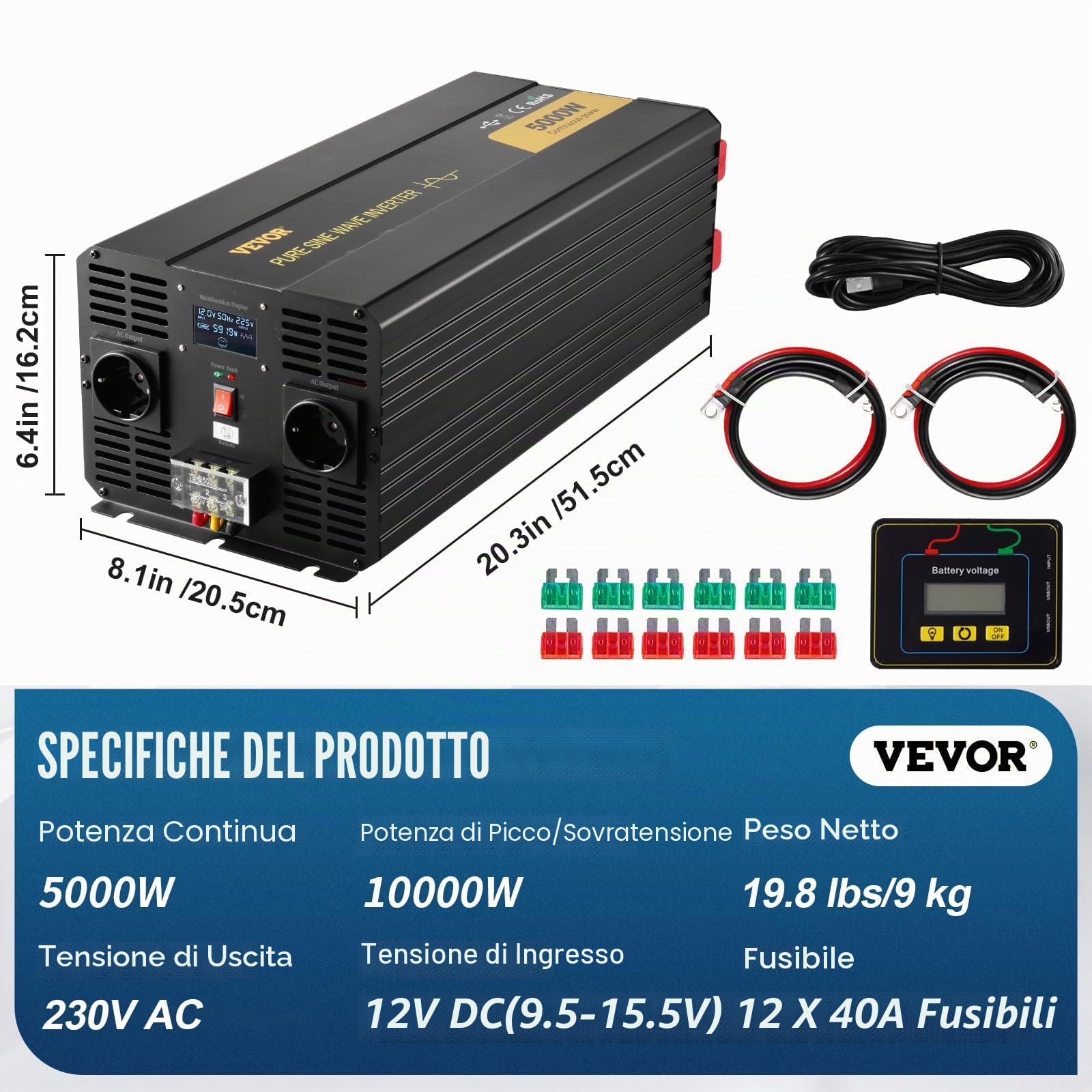 VEVOR Invertitore a Onda Sinusoidale Pura, 5000 W Invertitore di Potenza, DC 12 V a AC 230 V Invertitore per Auto con Schermo LCD Porta USB, Telecomando, per Camper Sistema Solare Viaggio Campeggio