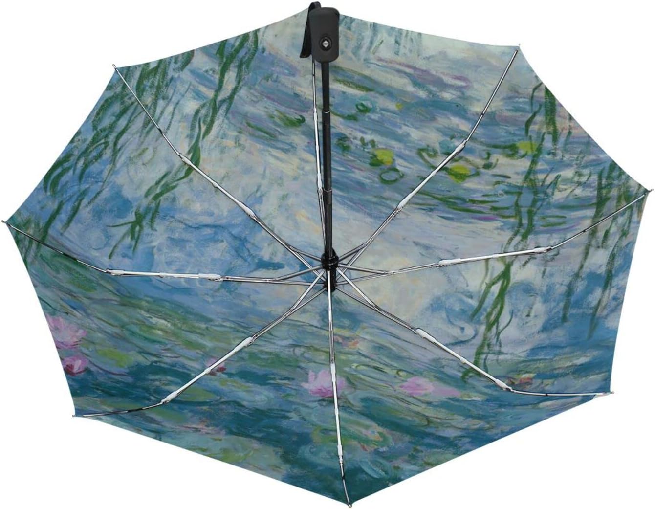 Auto Open Close Umbrella, Water Lilies Claude Monet Oil Paintings Flowers Folding Travel Umbrellas for Rain and Sun