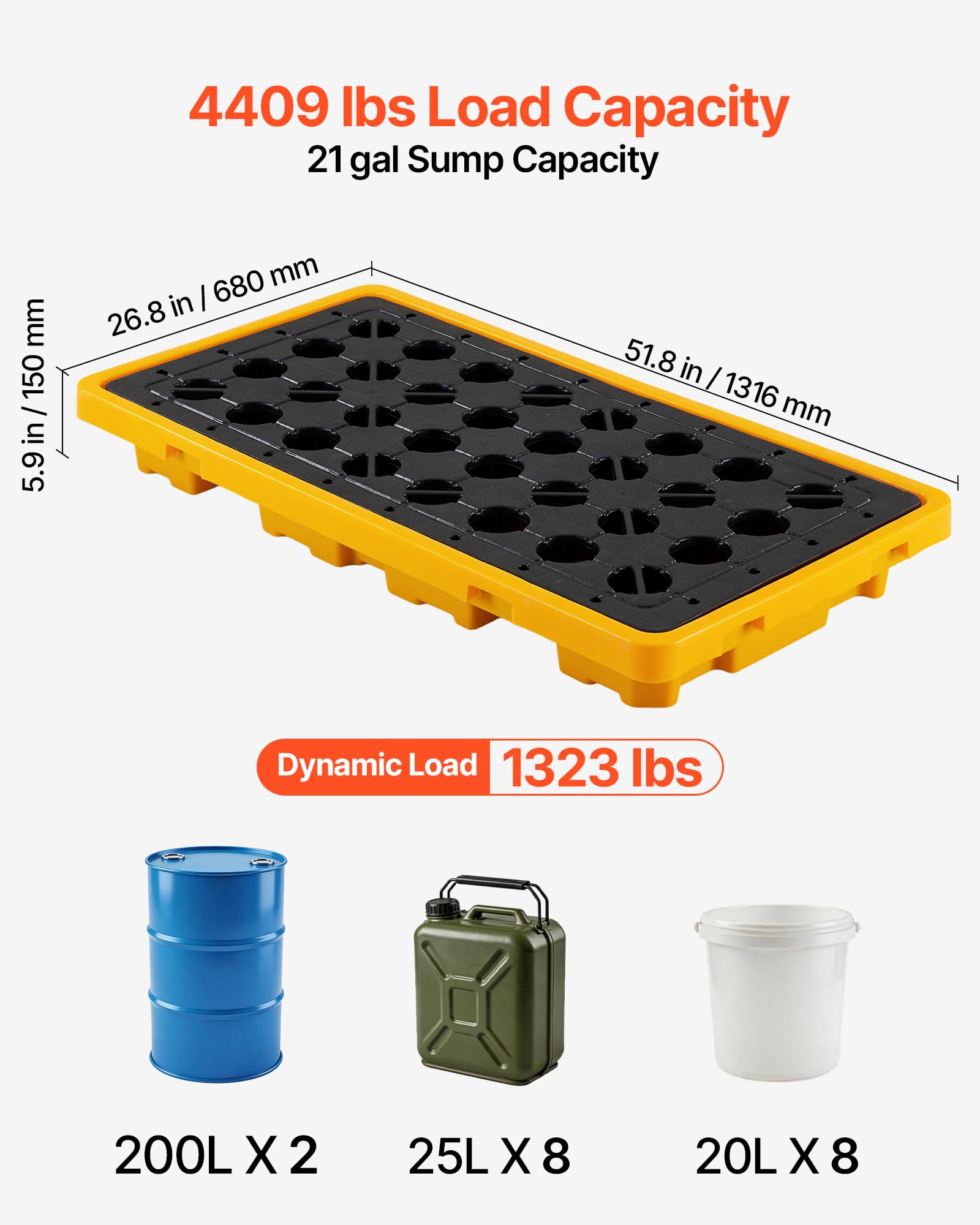 VEVOR Palette de Rétention pour 2 Fûts, Bac de Rétention avec Caillebotis et Drain, Plateforme de Déversement en PEHD à Profil Bas, Capacité 79,5 L, Charge Maximale 2000 kg, 1316x680x150 mm, Jaune