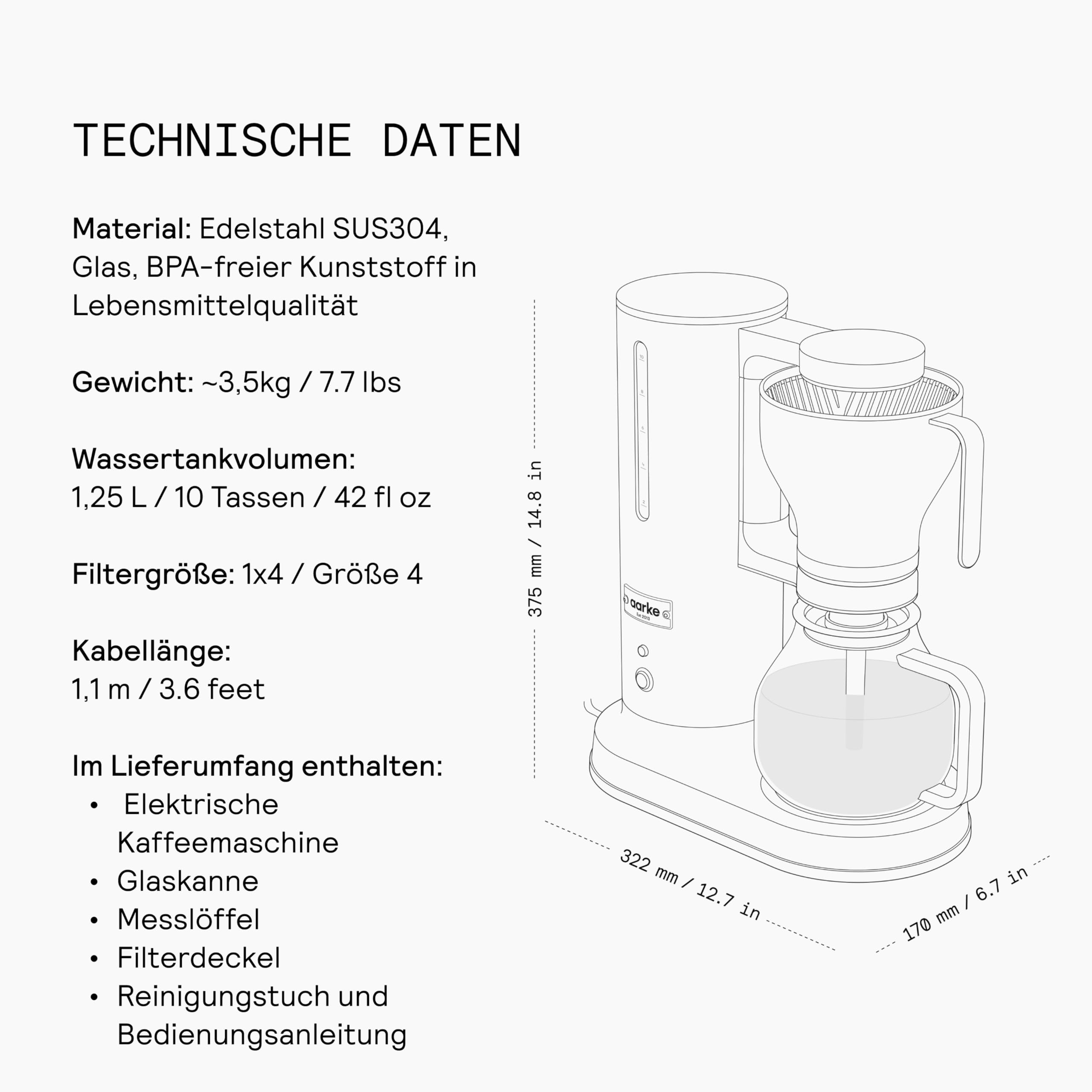 aarke Filterkaffeemaschine – Elektrische Kaffeemaschine, Glaskaraffe, Warmhaltefunktion, 10-Tassen-Kapazität, 250 ml -1.25L, Modernes Design, Kaffeezubereiter für Filterkaffee, ECBC-zertifiziert.