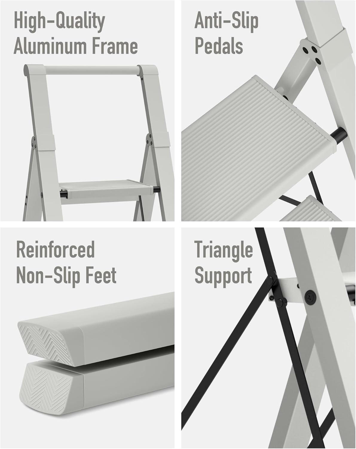 Mayi Plus 4 Step Ladder, Lightweight Folding Step Stool with Convenient Handgrip,Aluminum 330lbs Capacity Step Ladder for Office,Household,Kitchen,Library(Grey)