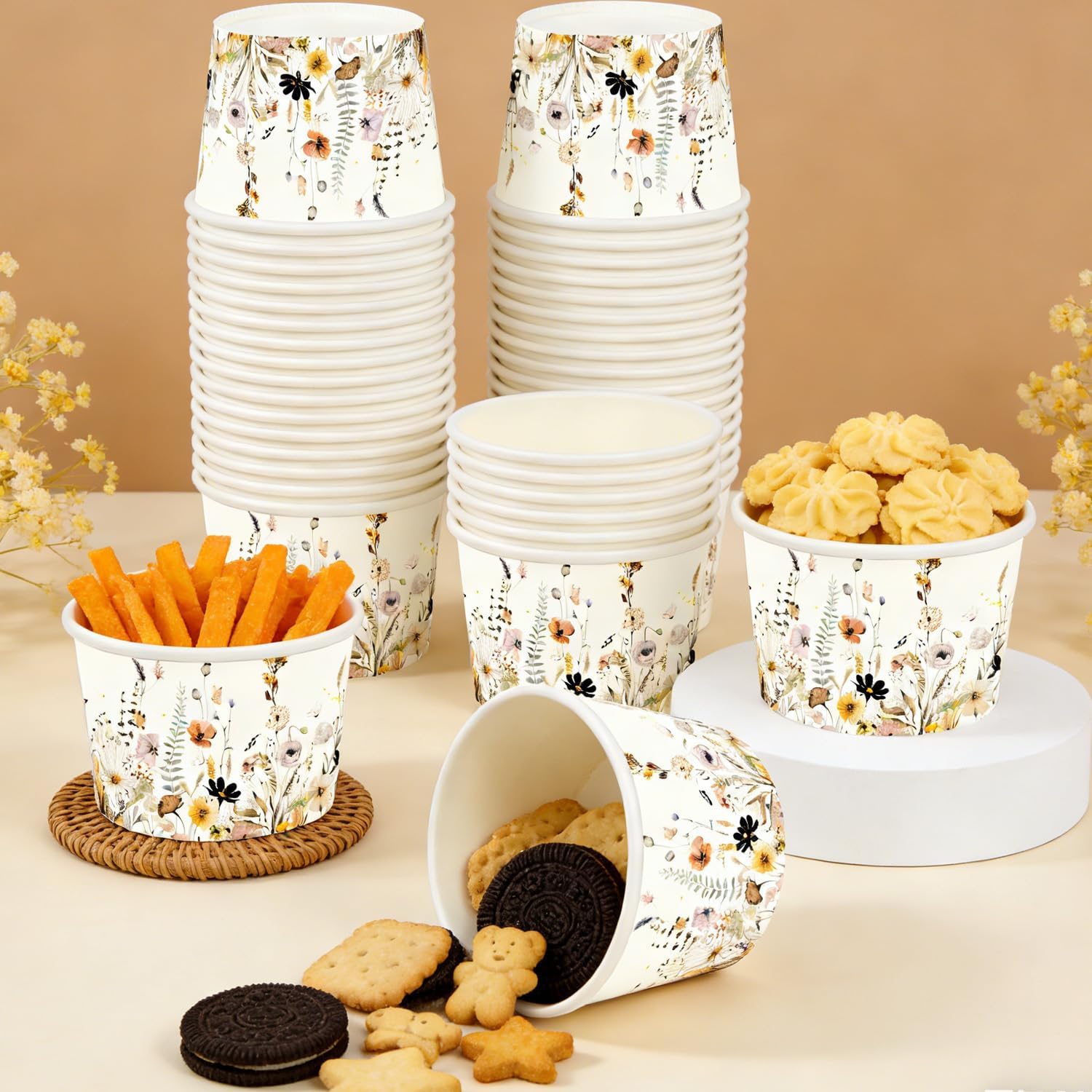 Wildflower Treat Snack Cups - Wildflower Disposable Ice Cream Cups Spring Summer Floral Paper Dessert Bowl for Birthday Baby Shower Flower Party Decorations