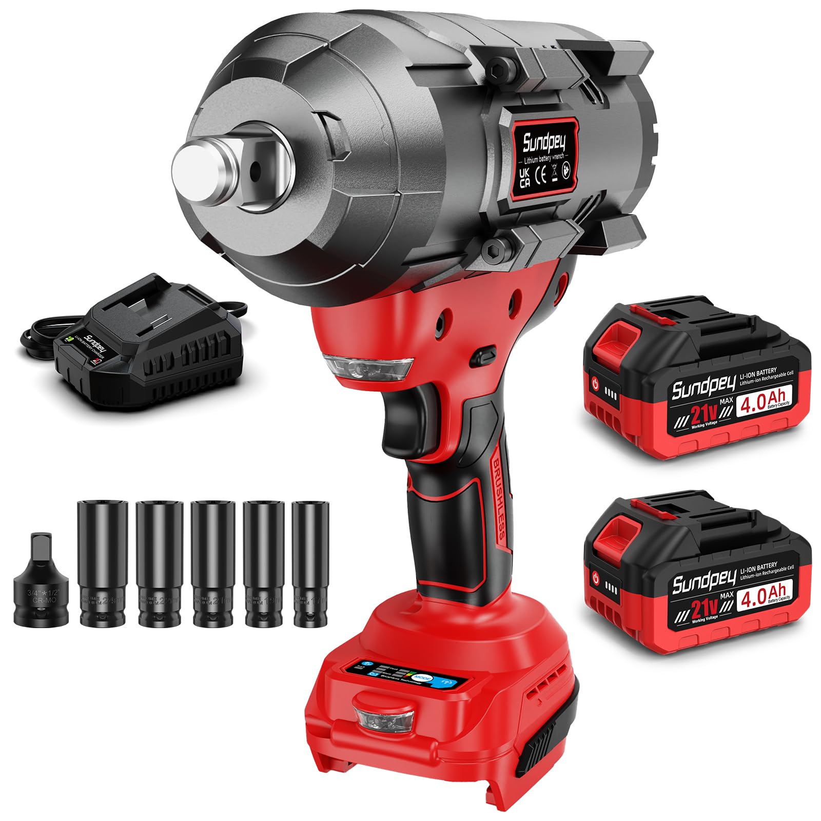 2000Nm Avvitatore a Impulsi a Batteria, 3/4'' Avvitatori a Massa Battente Brushless con 2 Batterie 4.0Ah & Adattatore per Bit da 3/4'' a 1/2'' & 5 Bussole, 21V Avvitatore ad Impulsi per Auto, Rosso