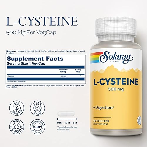 Miniatura 2 de SOLARAY L-cisteína 500 mg, suplemento de apoyo para la digestión, cabello, piel y uñas, antioxidante maestro, verificado en laboratorio, garantía de