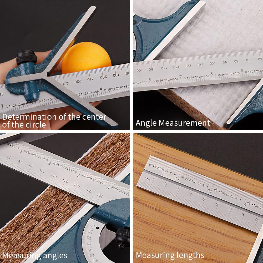 BAUSATZ 12 inch Stainless Steel Combo Square - Universal Bevel 180 Degree Angle Combination Square Set Protractor Ruler