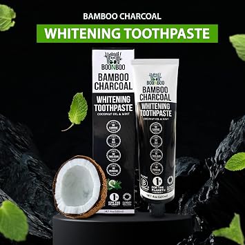 BOONBOO Bamboo Charcoal Toothpaste | 4oz / 120ml | Mint Flavor | Aluminum Tube with Bioplastic Cap | 100% Plastic-Free and Recyclable | Charcoal Paste for Teeth Cleaning and Whitening