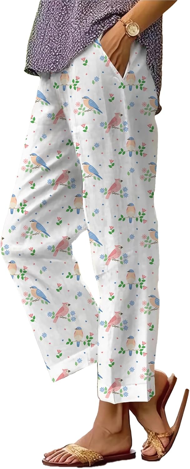 Linen Pants for Women Capri Boho Palazzo Loose Fit Pants Summer Baggy Beach Pants with Pockets