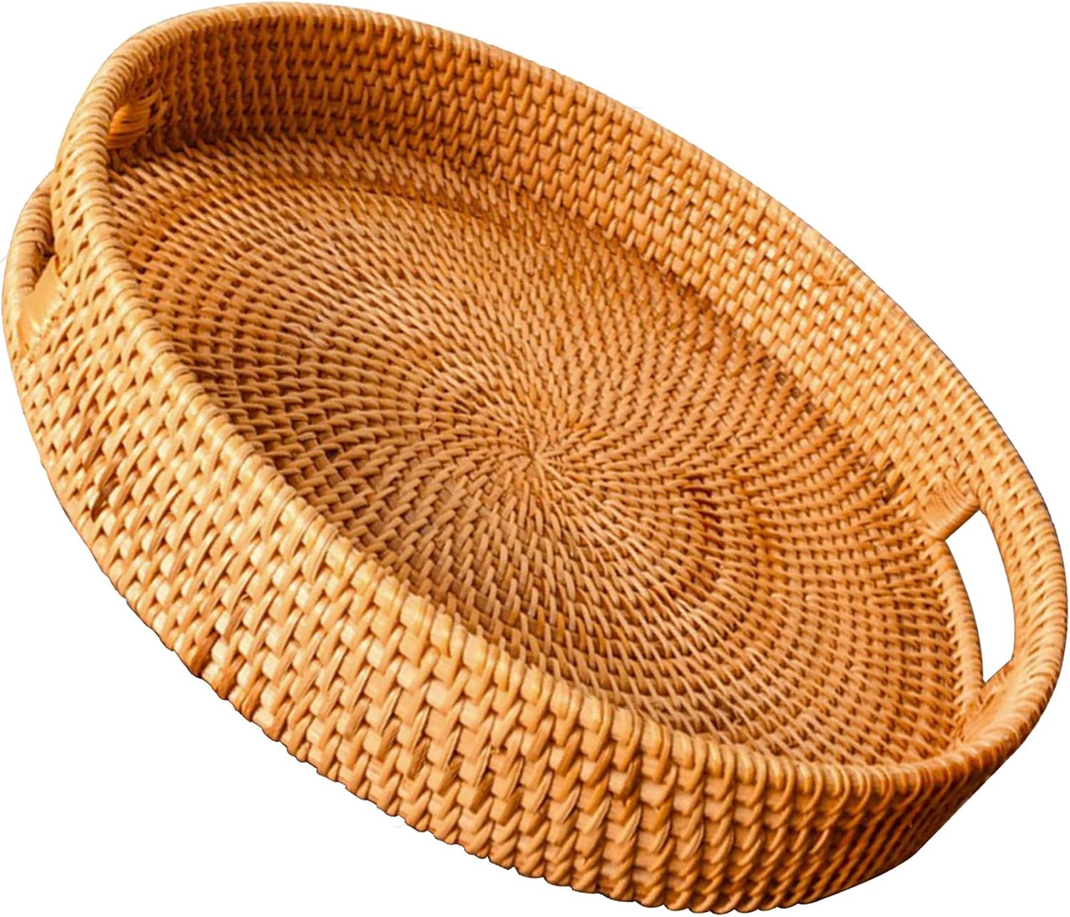 WUWEOT Rattan Serving Tray, Round Woven Wicker Basket, Decorative Rustic Table Tray with Handles for Serving Dinner, Parties, Breakfast, Coffee Tea, Drinks, Snack, 12 Inch