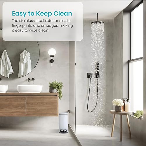 Miniatura 5 de Home Zone Living Cubo de basura pequeño de 1.3 galones con tapa, papelera de acero inoxidable blanco mate con forma estrecha delgada y forro