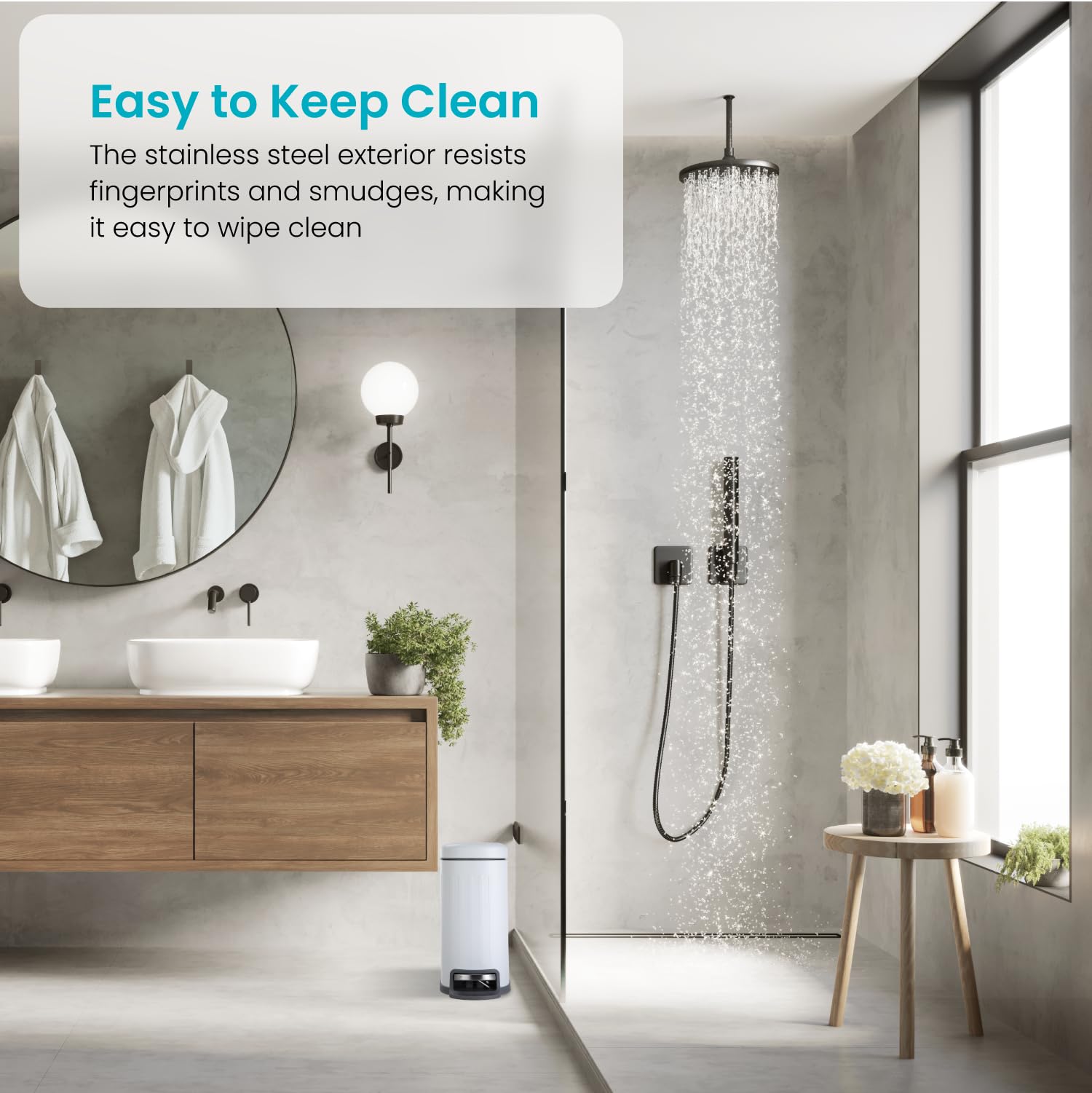 Home Zone Living Kleiner Badezimmer-Mülleimer mit Deckel, mattweißer Edelstahl-Mülleimer mit schlanker, schmaler Form und herausnehmbarem Einsatz, Trittpedal, 5 Liter