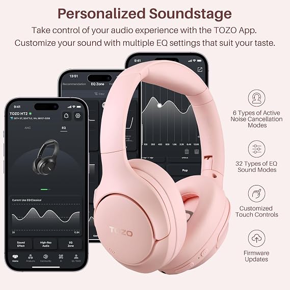 TOZO Hybrid Active Noise Cancelling Headphones, Wireless Over Ear Bluetooth Headset, 60H Playtime, Hi-Res Audio Custom EQ via App Deep Bass Comfort Fit Ear Cups, for Home Office Travel Pink