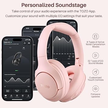 TOZO Hybrid Active Noise Cancelling Headphones, Wireless Over Ear Bluetooth Headset, 60H Playtime, Hi-Res Audio Custom EQ via App Deep Bass Comfort Fit Ear Cups, for Home Office Travel Pink