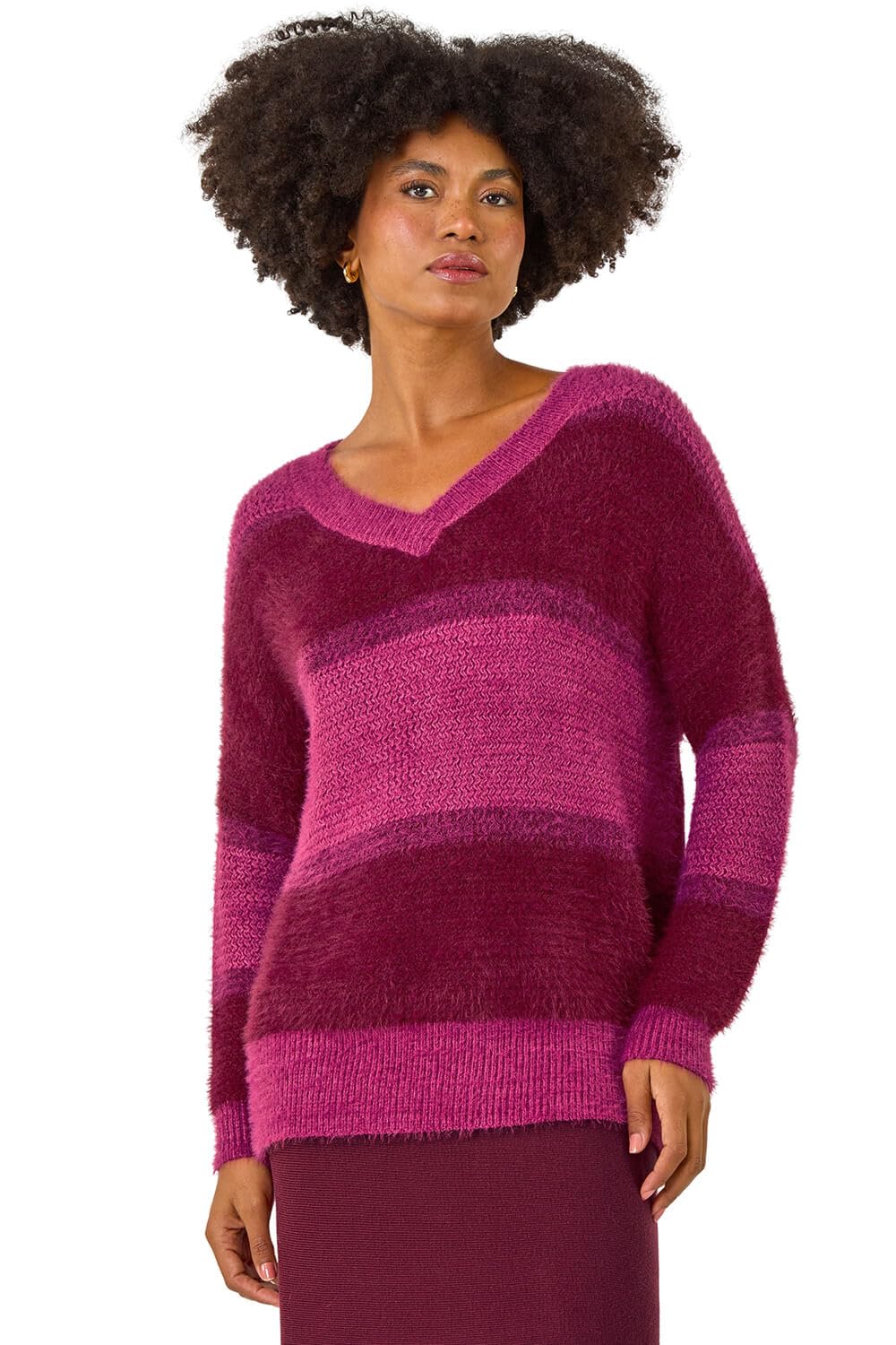 Roman Women's V-Neck Stripe Knit Jumper in Magenta | Size: 12