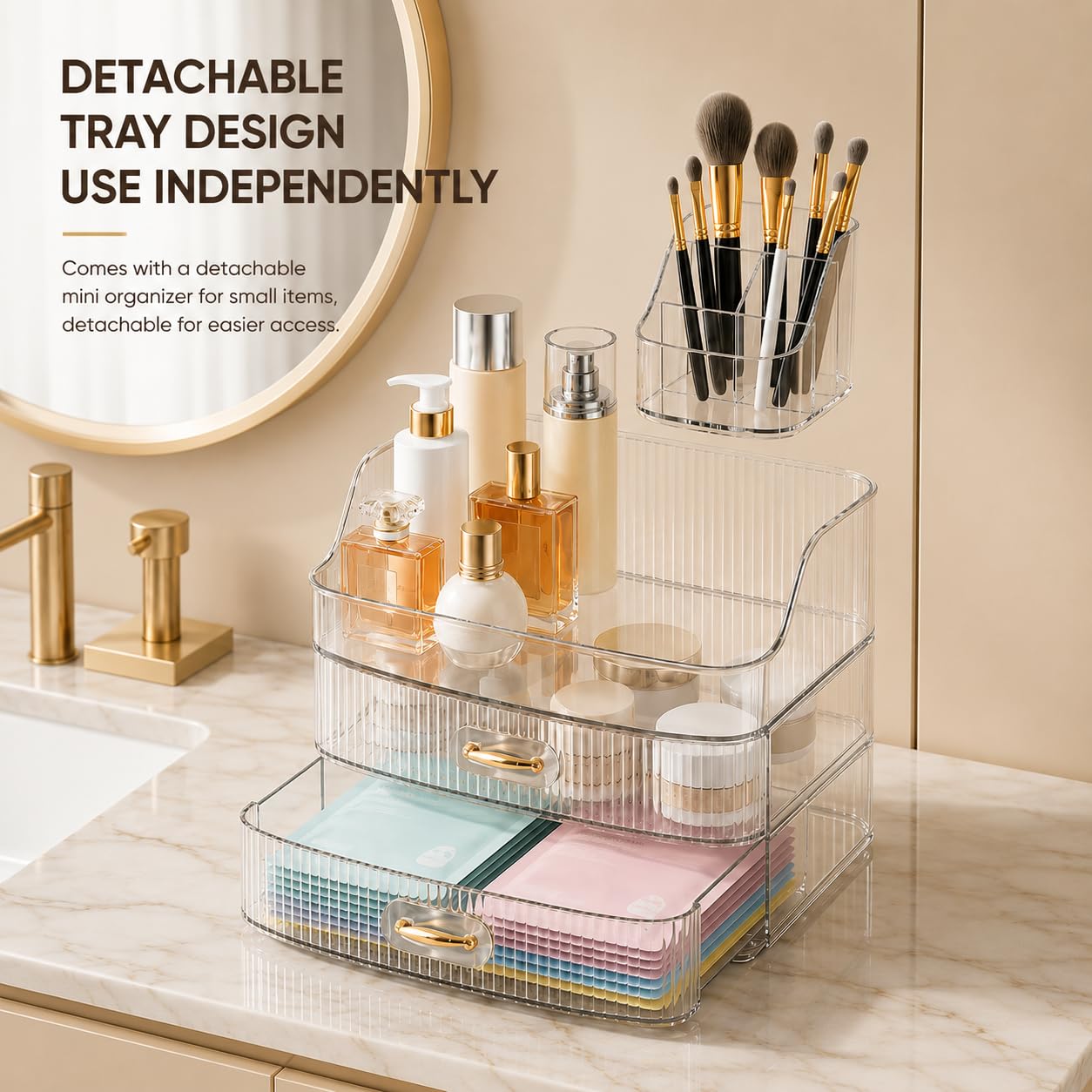 Organizador de maquillaje acrílico transparente con 2 cajones, caja de almacenamiento de cosméticos, 27 x 18,2 x 19 cm