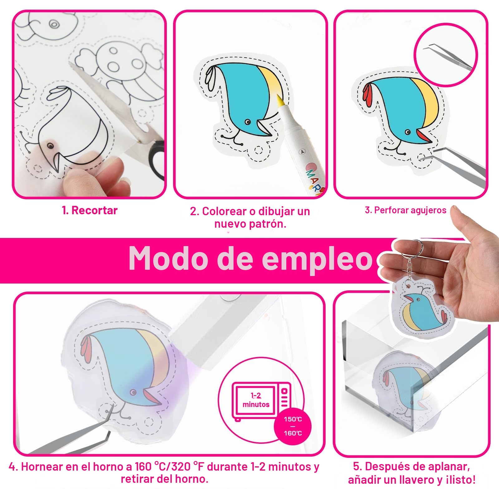 Set De 46 Piezas De Plástico Mágico Para Horno – 12 Hojas A4, 4 Hojas Con Diseños Y 30 Anillas – Plástico Termoretráctil Para Llaveros Y Manualidades
